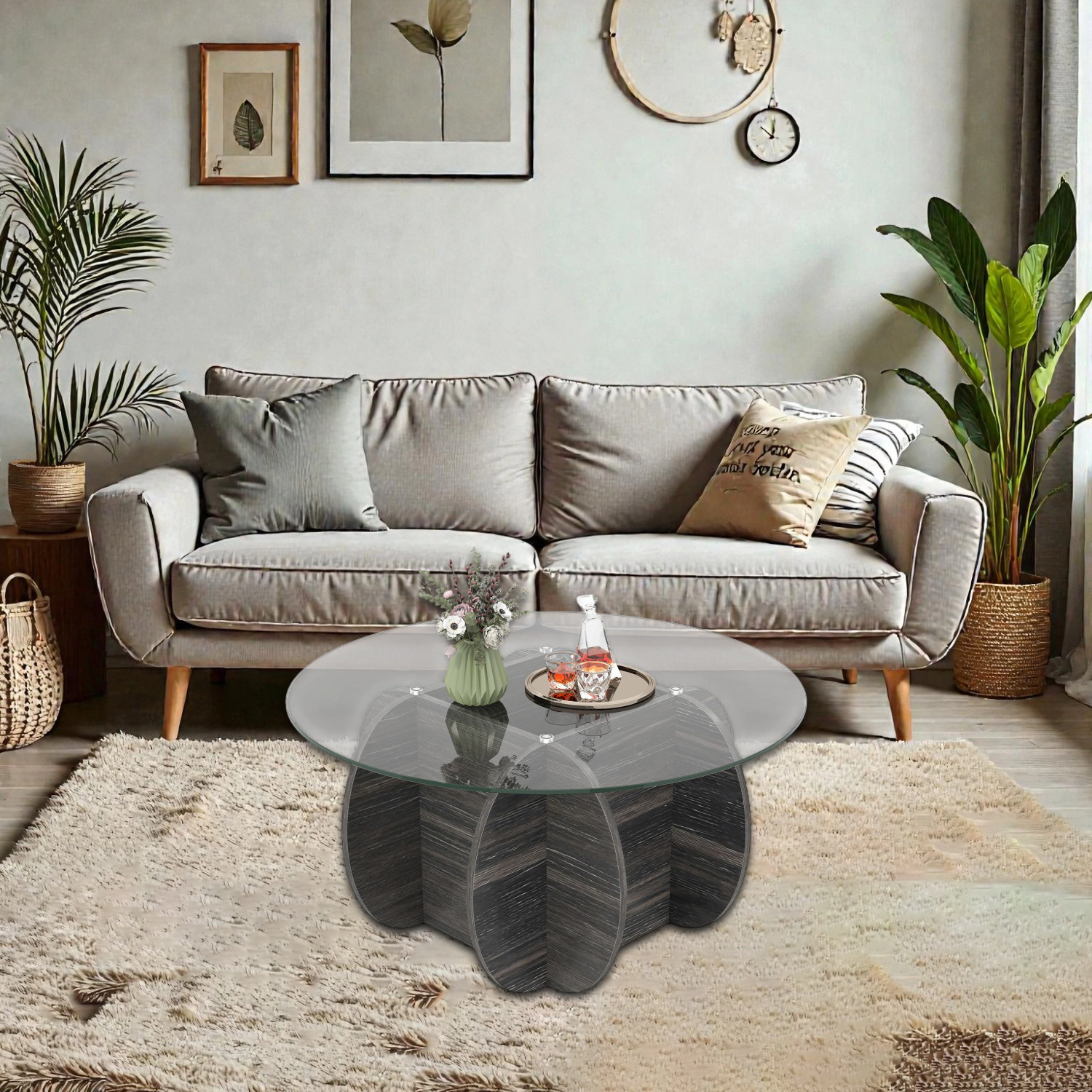 Hivvago 35" Wooden Round Coffee Table with Transparent Glass Top