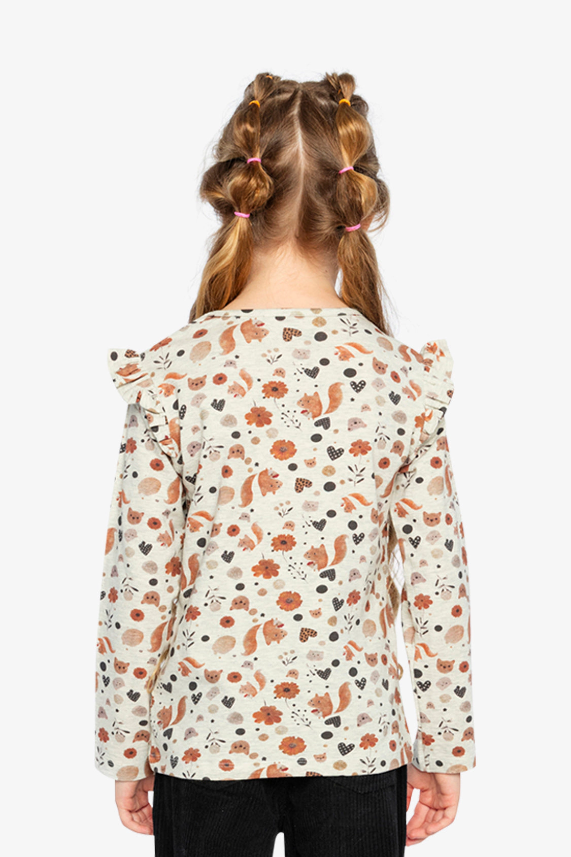 Deux par Girls Squirrel Print Ruffle-Shoulder Organic Cotton Long Sleeve T-Shirt