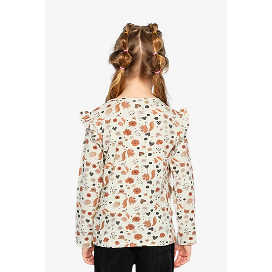 Deux par Deux Girls Squirrel Print Ruffle-Shoulder Organic Cotton Long Sleeve T-Shirt