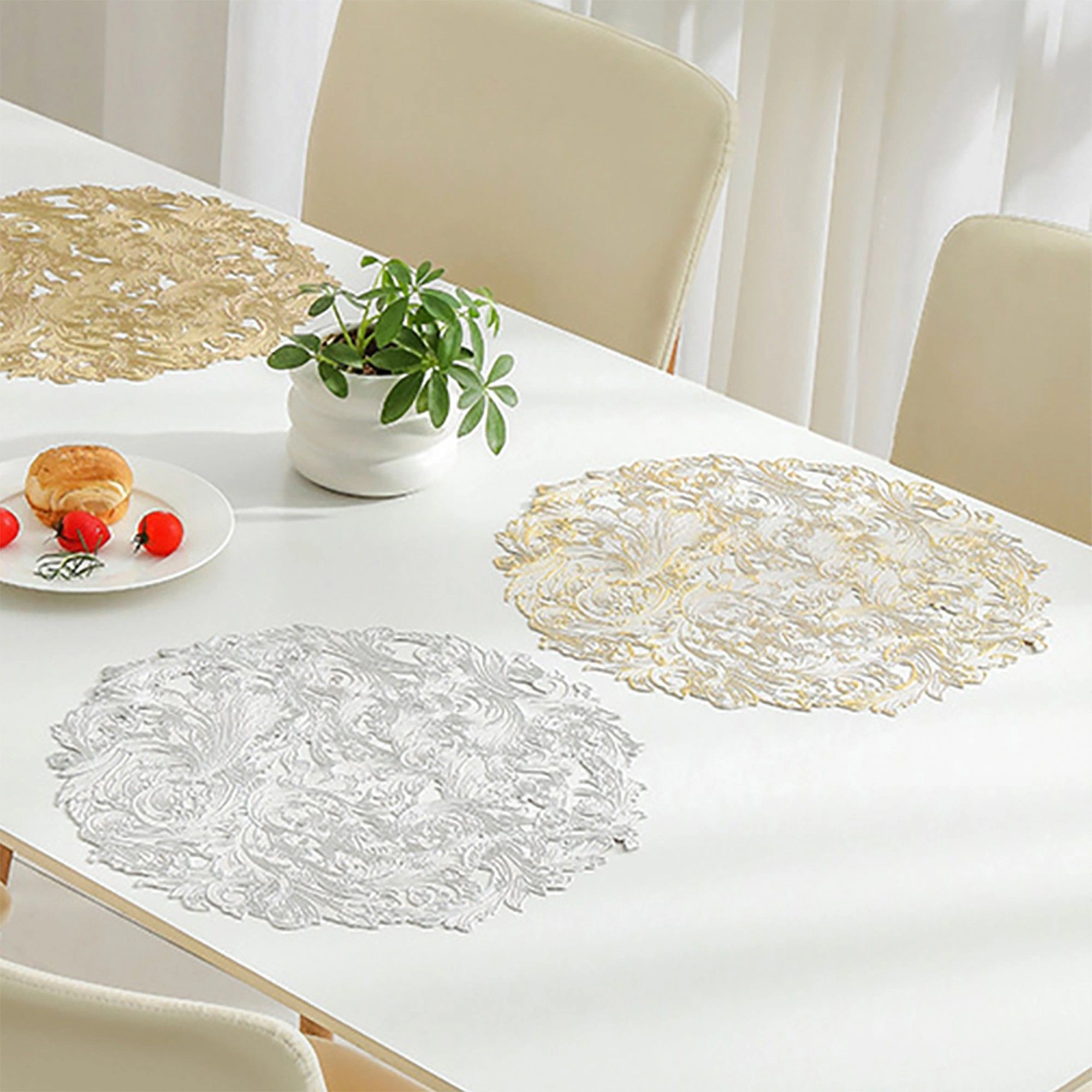 Alilang Unisex 4 Piece Round Lace Placemat Set Metallic PVC Decorative Heat Resistant Table Mats