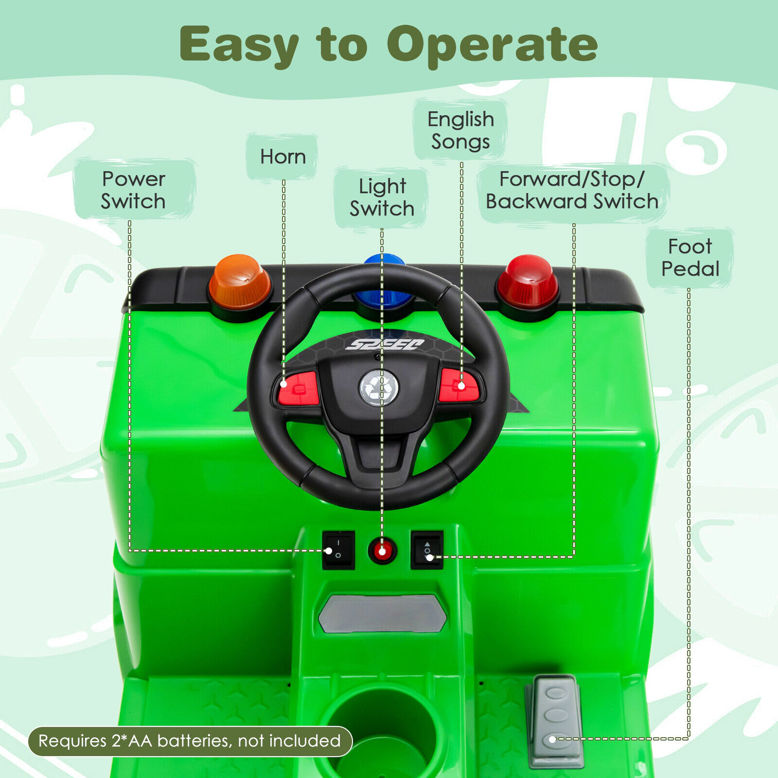 SUGIFT 12V Ride-On Garbage Truck with Remote Control Warning Lights 77-lb Capacity Green