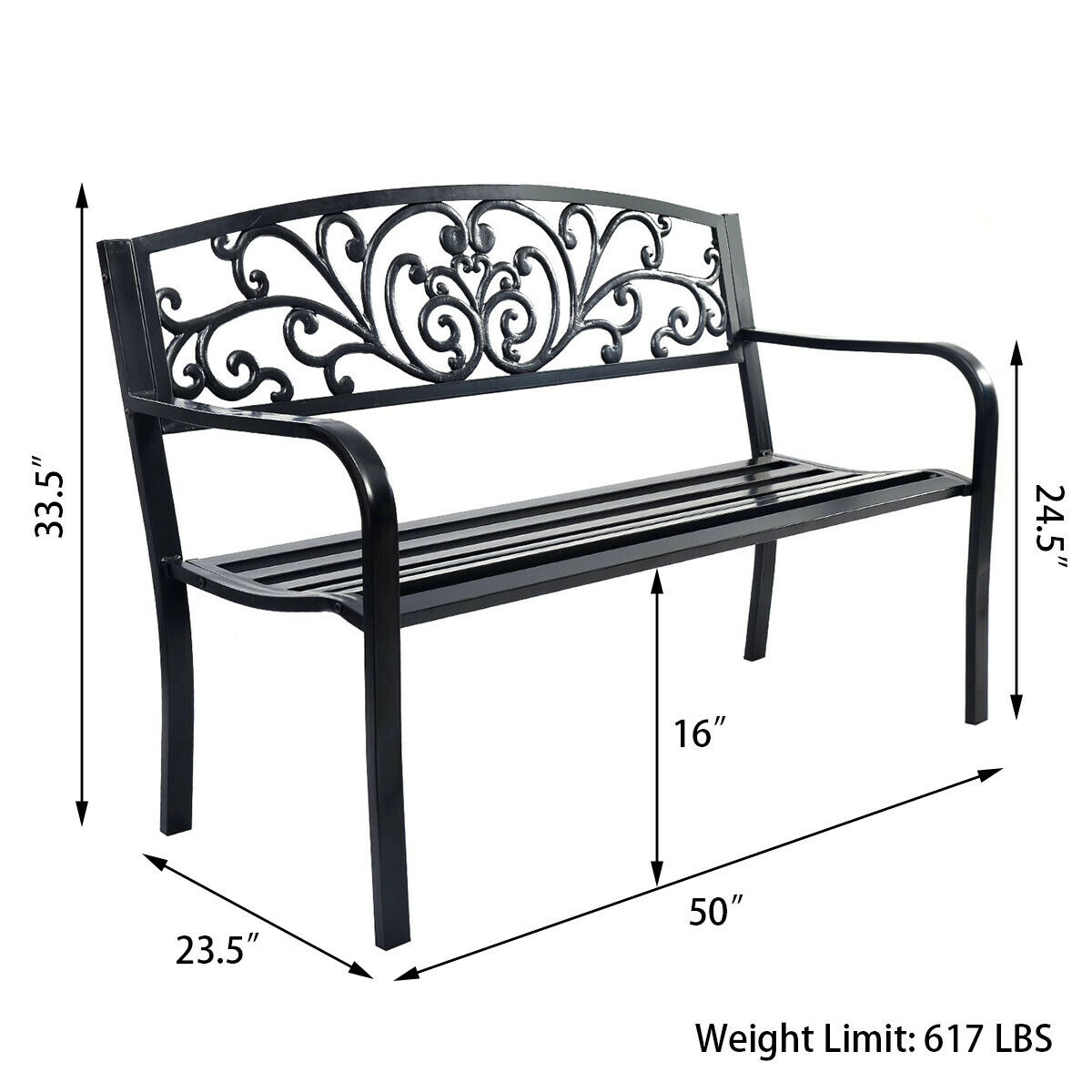 SUGIFT Steel Frame Patio Park Bench with Cast Iron Mesh Backrest 50-in Wide Outdoor Garden Porch Chair
