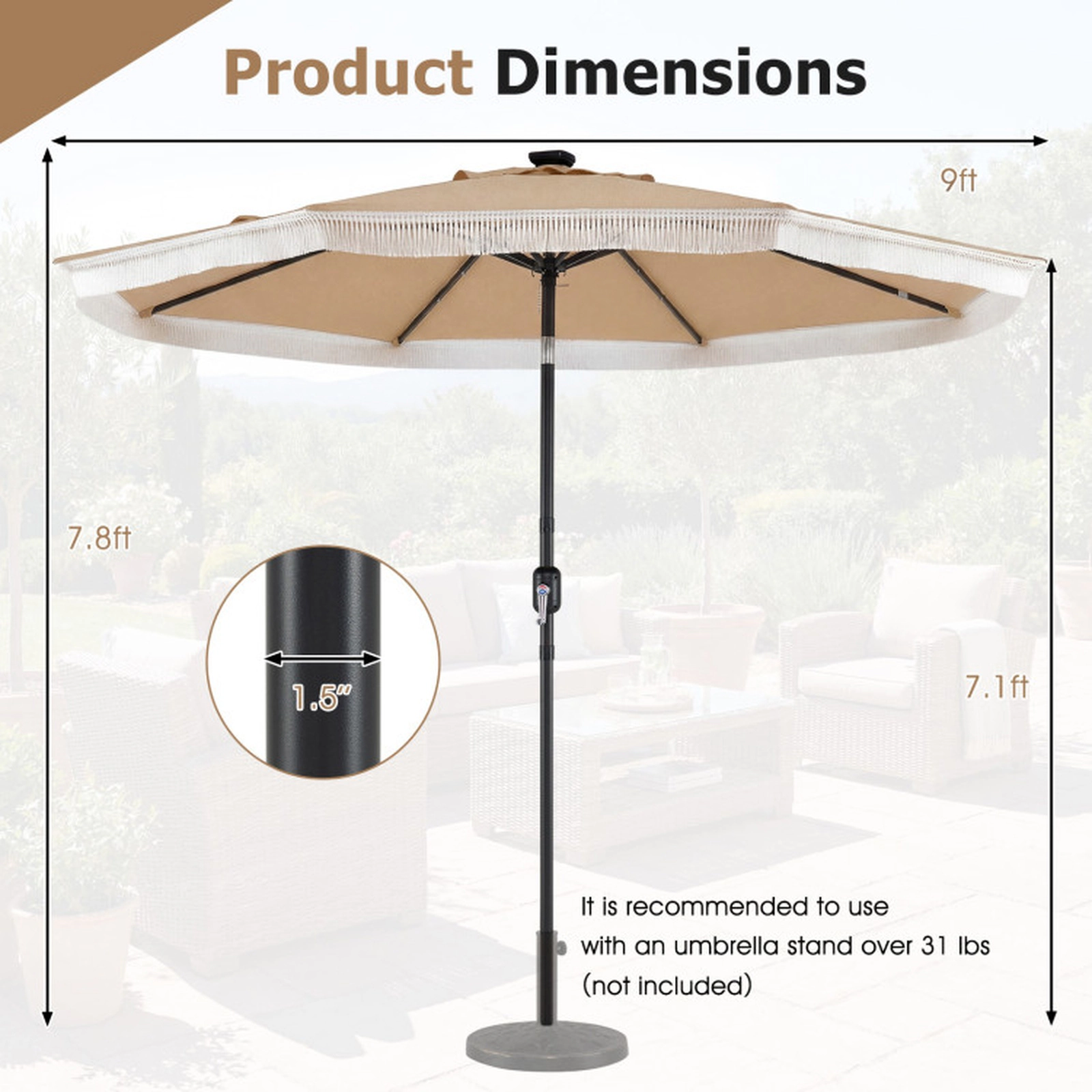 SUGIFT 24 LED Lights Push Button Tilt and Crank Lift 9 FT Solar Patio Umbrella