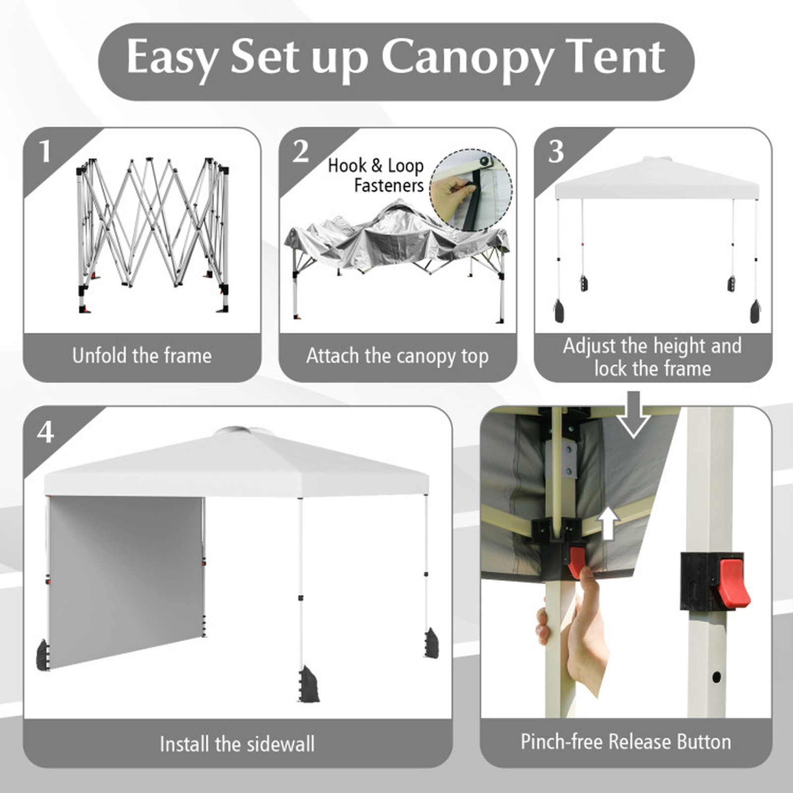 SUGIFT 10 x 10Pop Up Canopy Gazebo Tent with 1 Sidewall, Wheeled Bag, Stakes, Ropes and Sandbags 34-lb Net Weight White