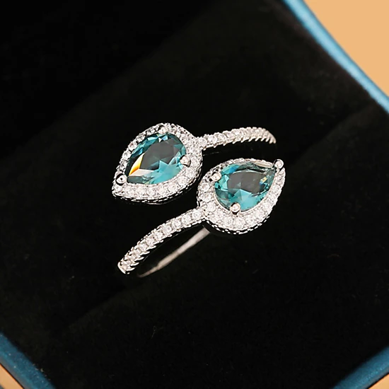 Wardrobe Whimsy Womens Pear Cut Teal Cubic Zirconia Bypass Halo Ring Silver Tone Two Stone Statement Ring