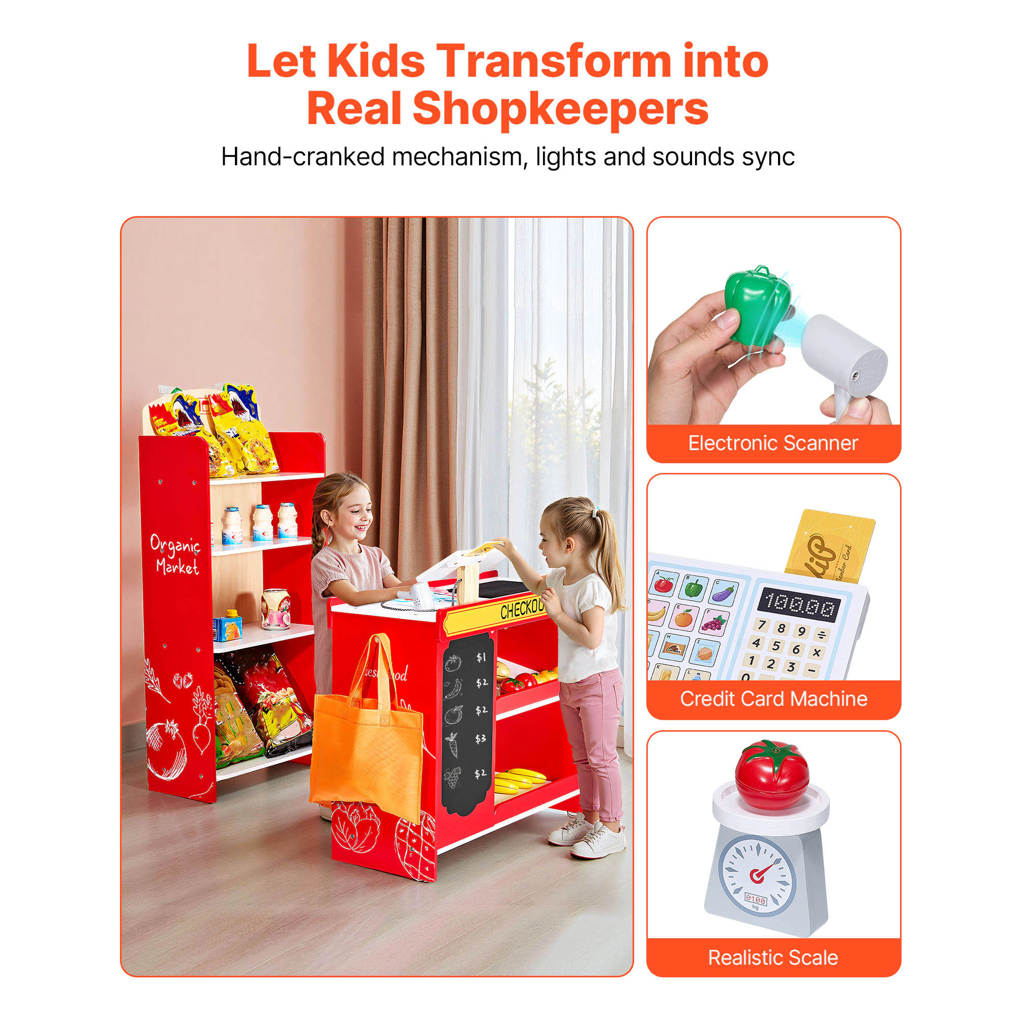 HONGGE Wooden Grocery Store Playset with Cash Register Kids Pretend Play Gift for Boys & Girls