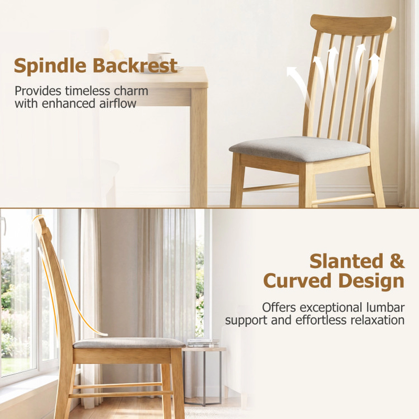 SUGIFT Fabric Upholstered Dining Chair Set of 2 Armless Rubber Wood Frame 330-lb Capacity 36-in Tall Gray + Natural