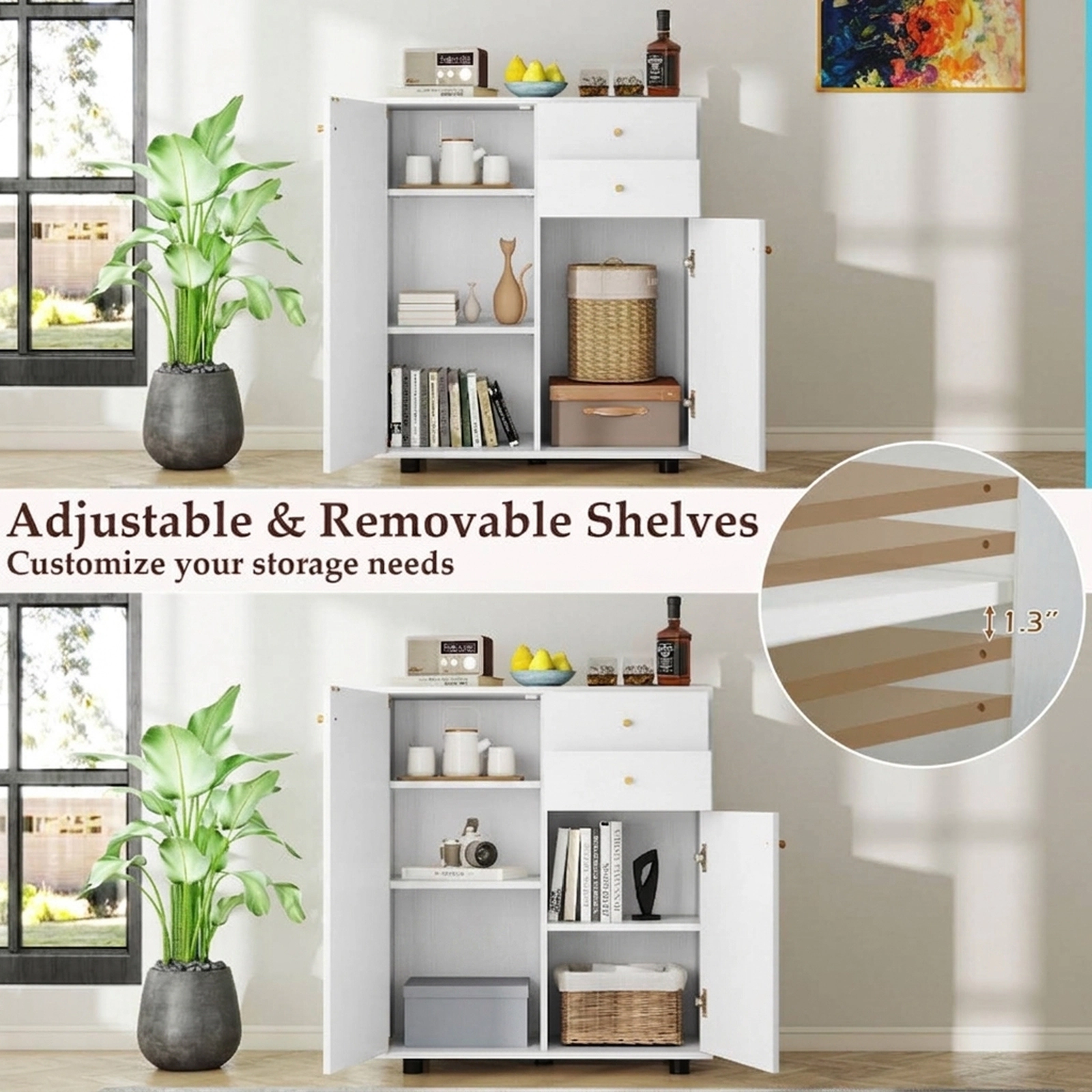 SUGIFT 29-in White Sideboard Buffet Coffee Bar Cabinet with 2 Drawers 2 Doors and 3 Adjustable Shelves
