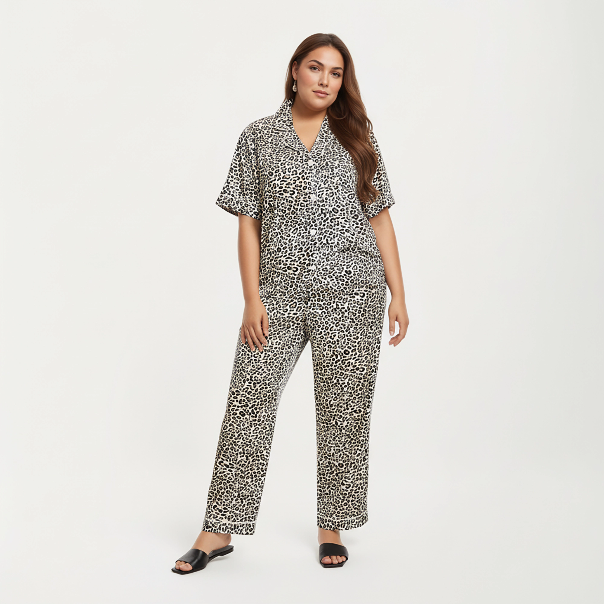 Anna-Kaci Women's Plus Leopard Print Pajama Set Soft Satin Finish Relaxed Button Front Top and Straight Leg Pants