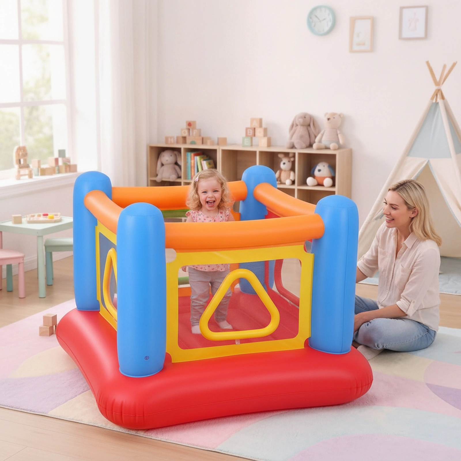 3-in-1 Blow Up Jumping House with Transparent Side Walls Ball Pit and Playpen for Kids 110-lb Capacity 63-in Blue
