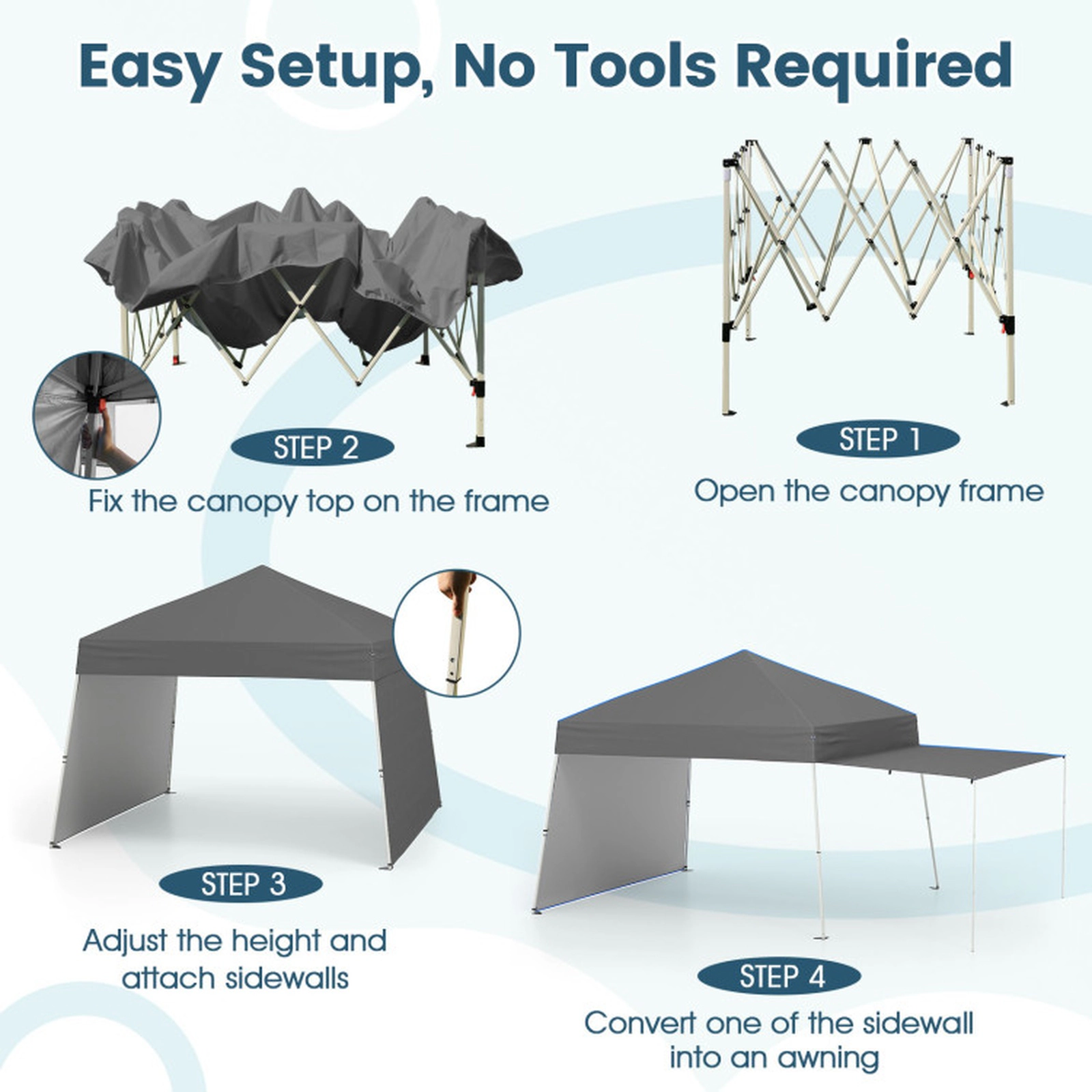 SUGIFT Gray Adjustable Pop Up Canopy Tent with 2 Convertible Sidewalls and Awning Poles 14-ft W 9.2-ft D 8.7-ft H