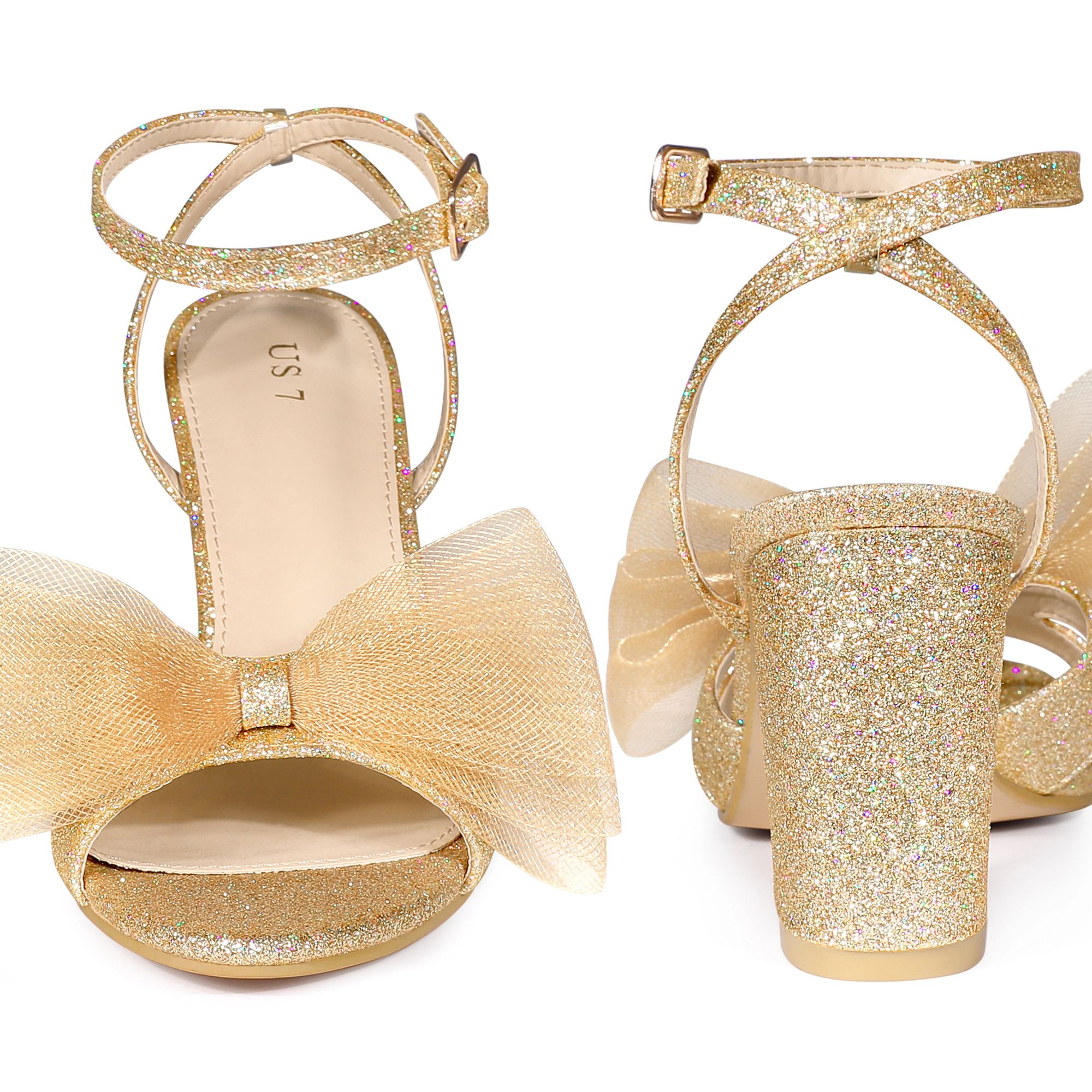 BLISSFUL STEP Womens Mesh Glitter Bow Chunky Heel Party Wedding Sandals