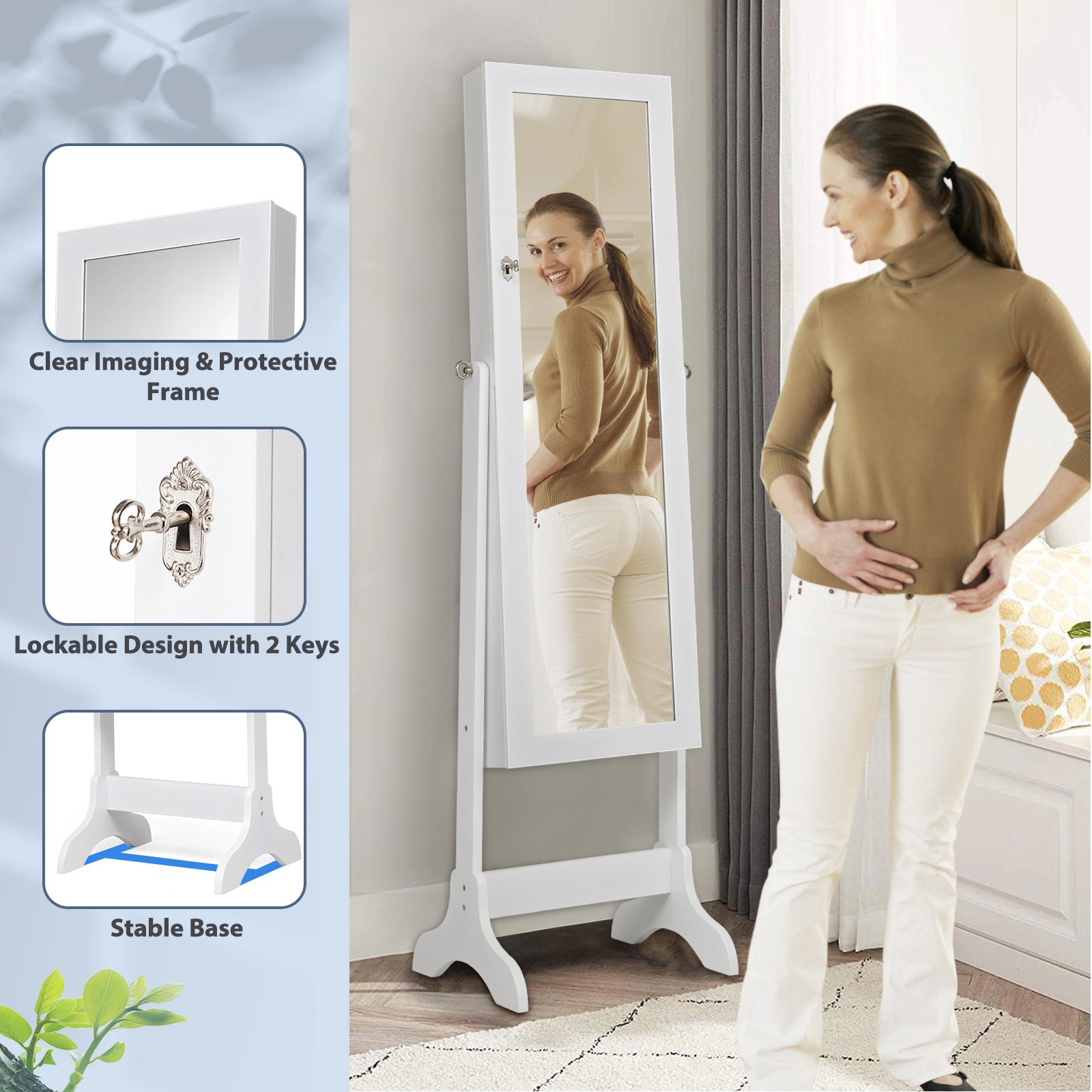 Slickblue 61.5 Inch Freestanding Lockable Jewelry Cabinet with Full-Length Mirror and 2 Storage Drawers