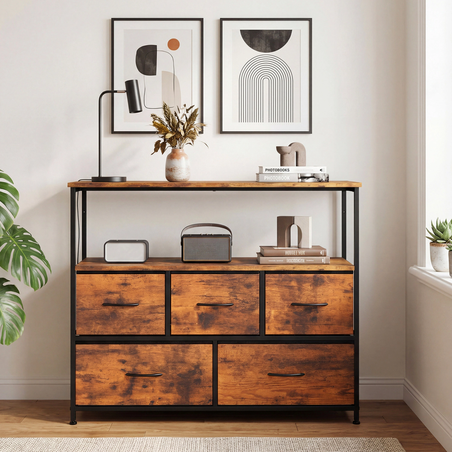 Glintex 39.5-Inch TV Stand Dresser with 5 Fabric Drawers and Open Shelf, Rustic Brown