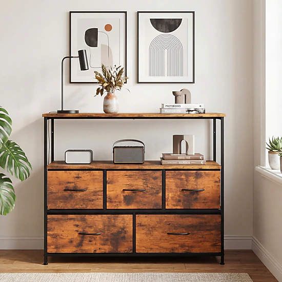Glintex 39.5-Inch TV Stand Dresser with 5 Fabric Drawers and Open Shelf, Rustic Brown