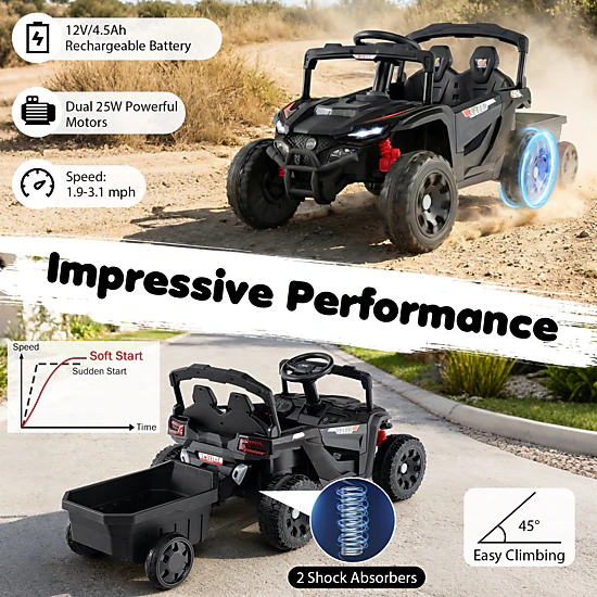 12V Toddler Tractor Ride On Farm Trailer Parent Remote 3-Speed Control Music Battery Level Display Ages 3+ Dark Gray
