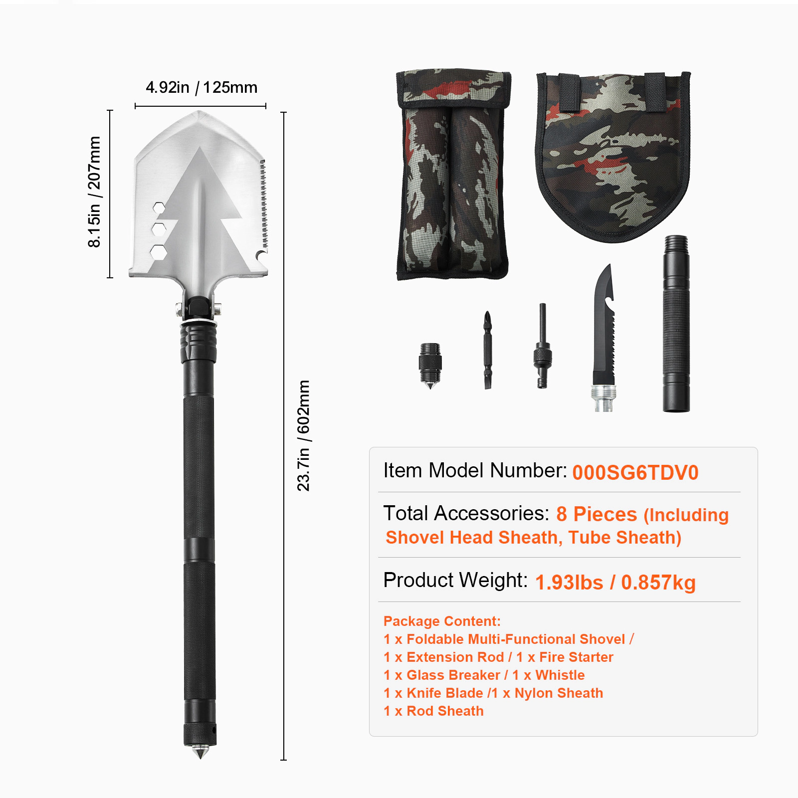 HONGGE Survival Shovel 1 Camping Shovel Folding Multitool Military Grade Portable Compact Tactical Shovel Multifunction