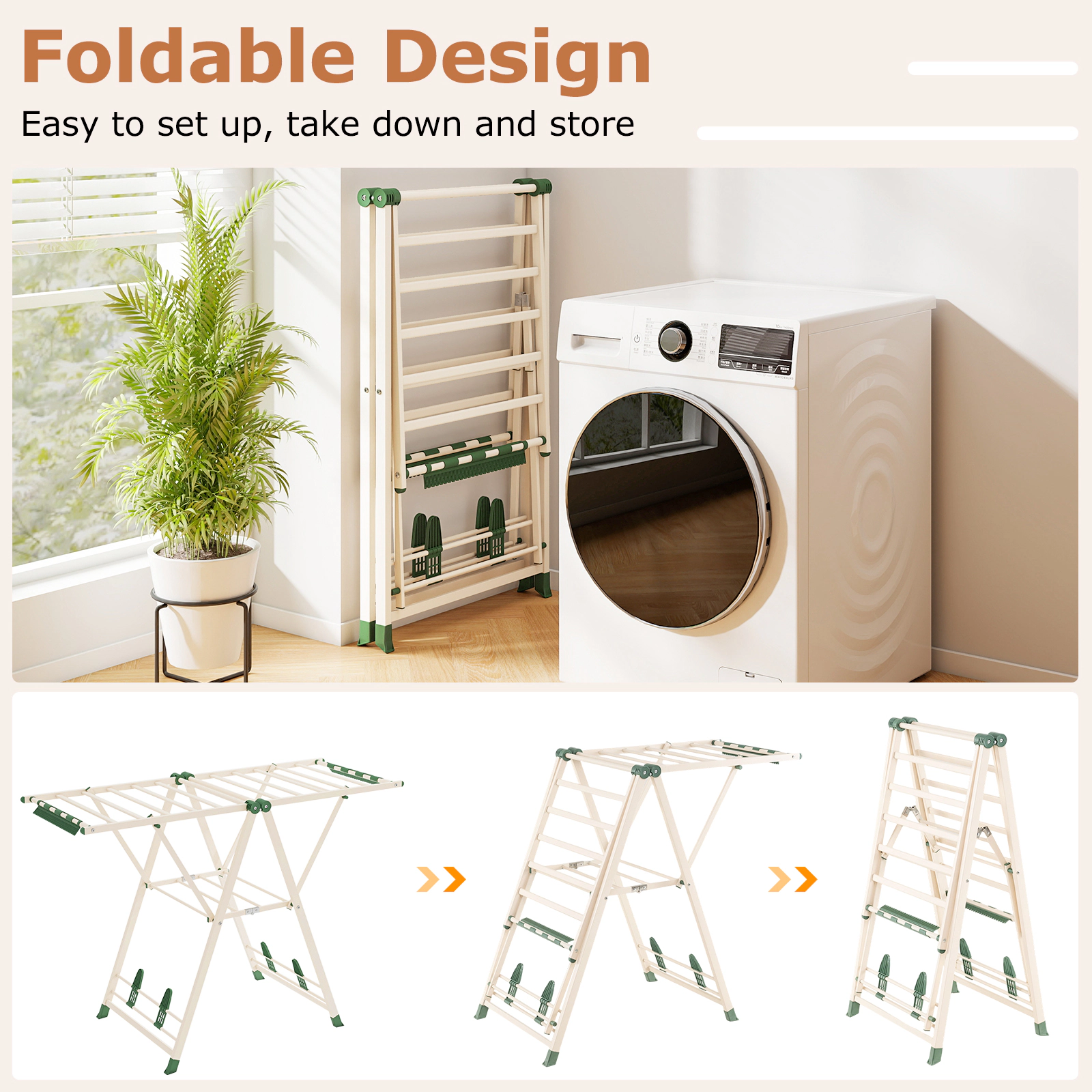SUGIFT Height Adjustable Wing Clothes Drying Rack 90-lb Capacity Beige/White