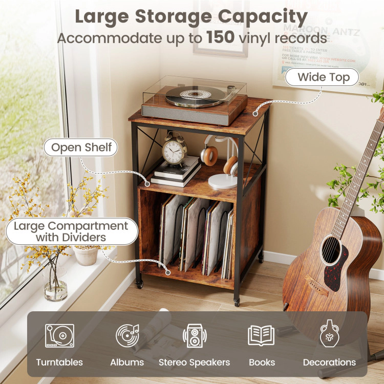 Hivvago Mobile Vinyl Record Stand with Charging Station, Open Shelf, and Sectioned Storage