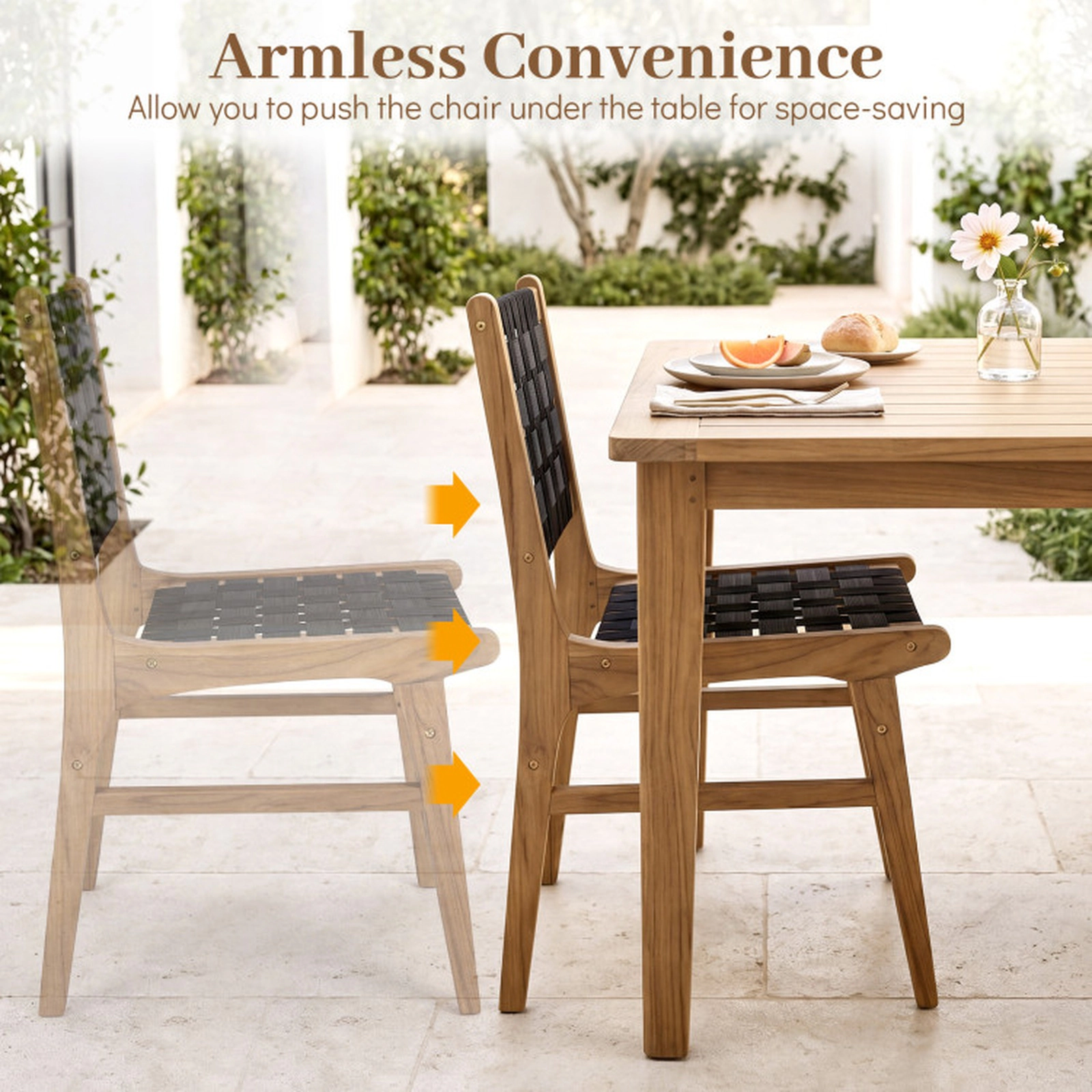 SUGIFT Teak Wood Armless Outdoor Patio Dining Chair with Woven Strap Seat