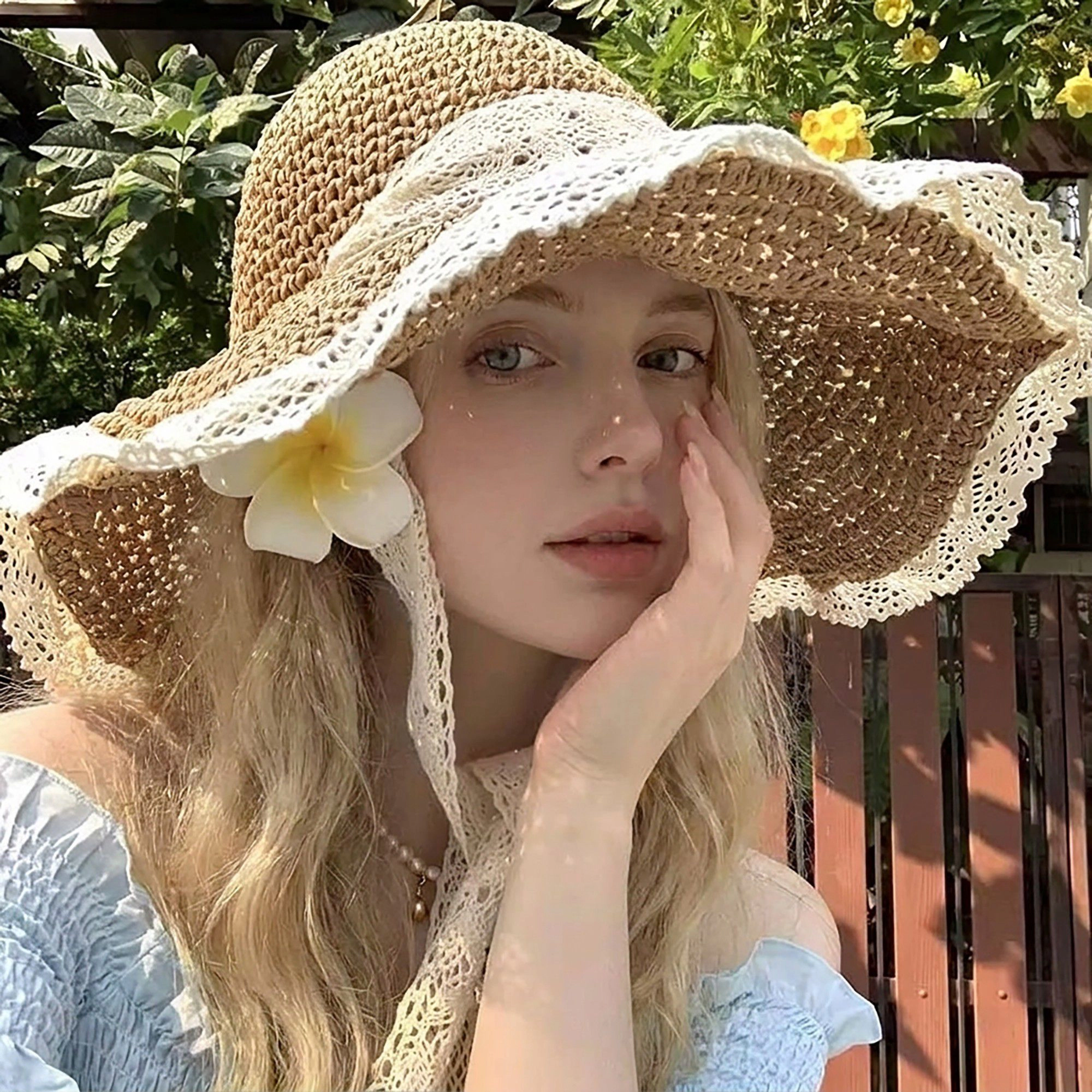 Anna-Kaci Women's Crochet Wide Brim Sun Hat with Lace Trim Bow Accent and Wavy