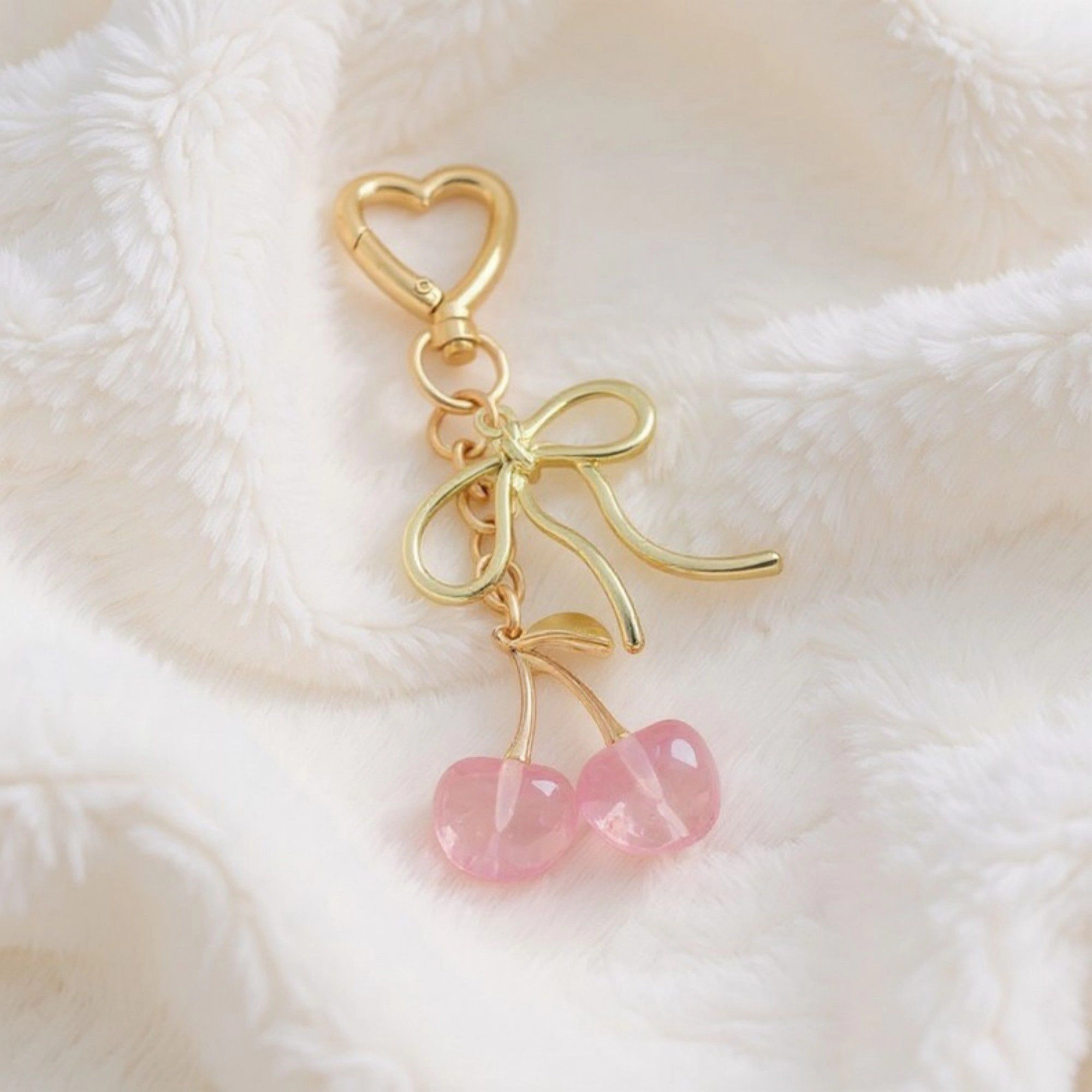 Alilang Women's Gold Bow Keychain with Pink Cherry Charms and Heart Clasp