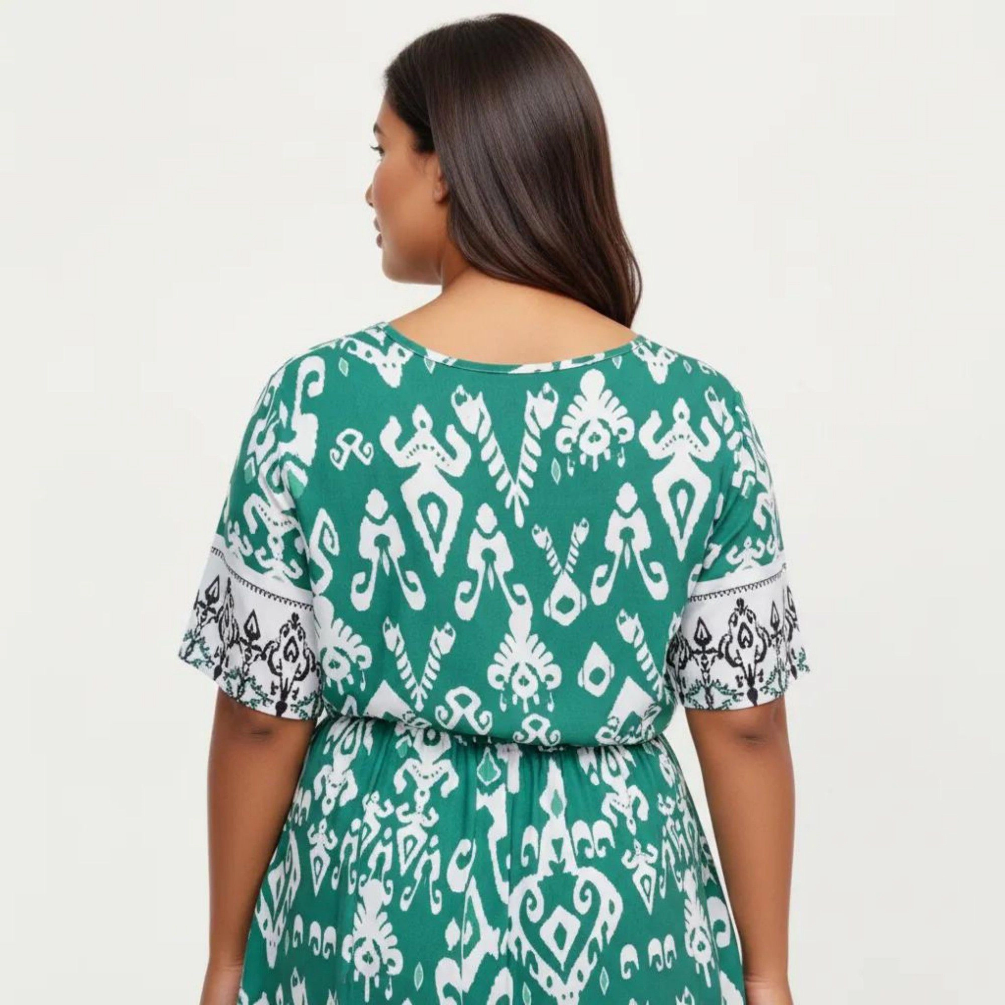 Anna-Kaci Women's Short Sleeve V Neck Waist Tie Belt All Over Print Border Detail Flowy Fit Midi Dress