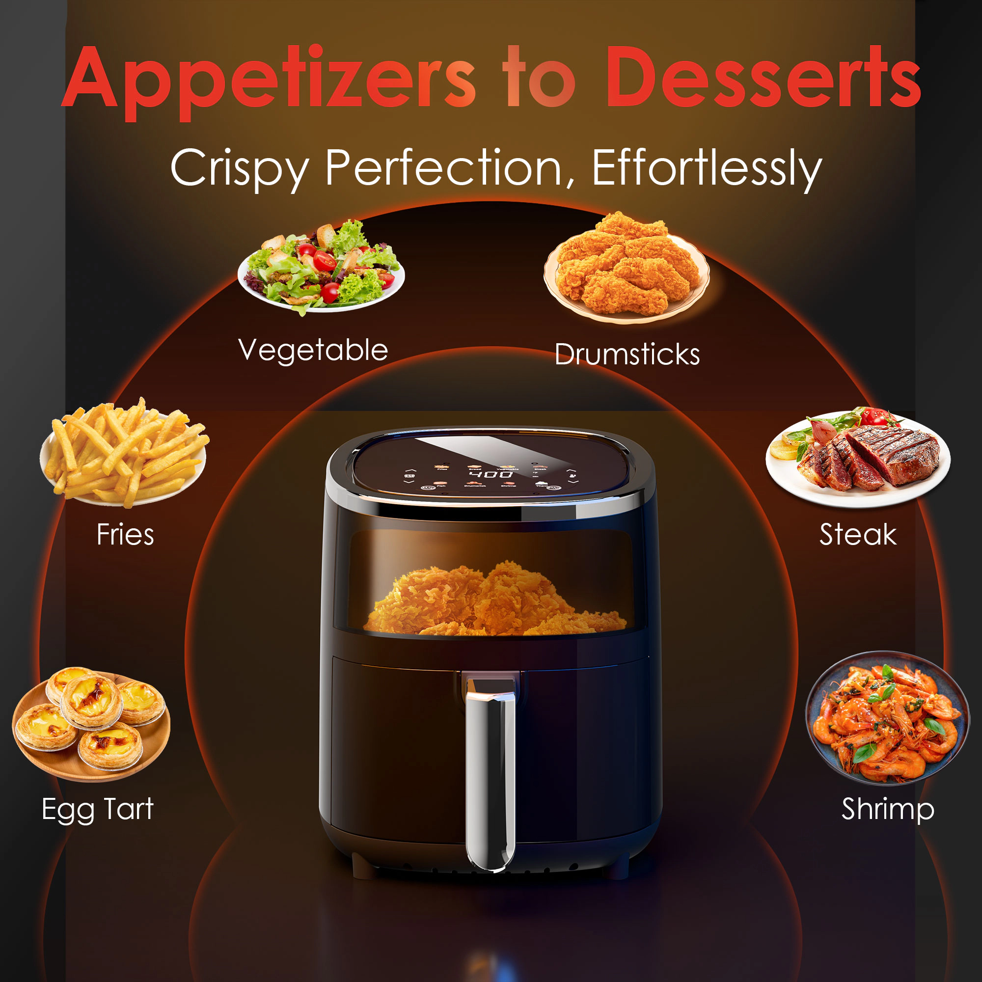 WHALL 4QT Touchscreen Air Fryer with View Window, 12 Presets, Air Fry, Bake, Broil, Roast, Reheat, Dehydrate, Black