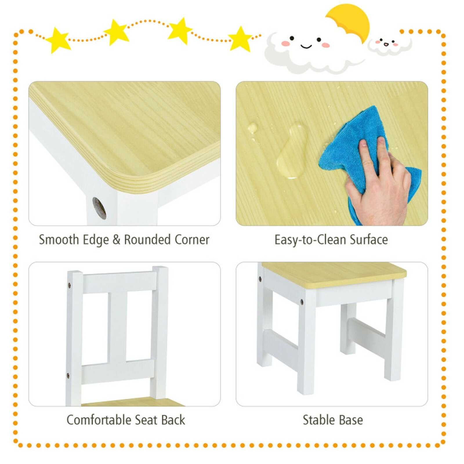 SUGIFT 4-Piece Kids Wooden Activity Table and Chairs Set with Storage Bench 110-lb Capacity Ages 3-5 Gray/Natural