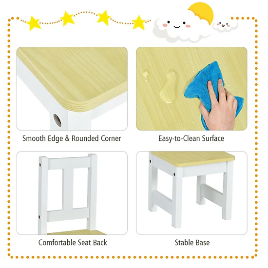 SUGIFT 4-Piece Kids Wooden Activity Table and Chairs Set with Storage Bench 110-lb Capacity Ages 3-5 Gray/Natural