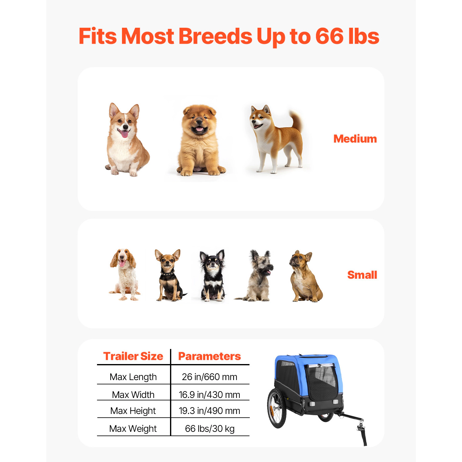 HONGGE Foldable Dog Bike Trailer for Small to Medium Dogs, Supports up to 66 lbs, Fits 22-28 in Bicycle Wheels