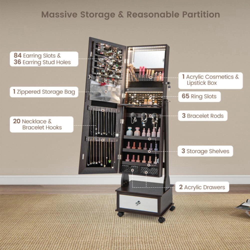 Hivvago 47 Inch Lockable Jewelry Cabinet Armoire with 3-Color LED Lights