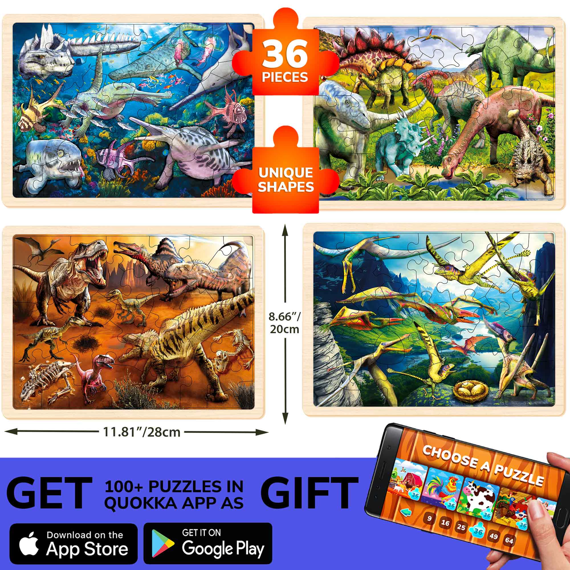 QUOKKA Montessori Wooden Jigsaw Puzzles, 24, 36 & 48 Piece Puzzle Set for Kids, Animals Dinosaurs, Ages 3+