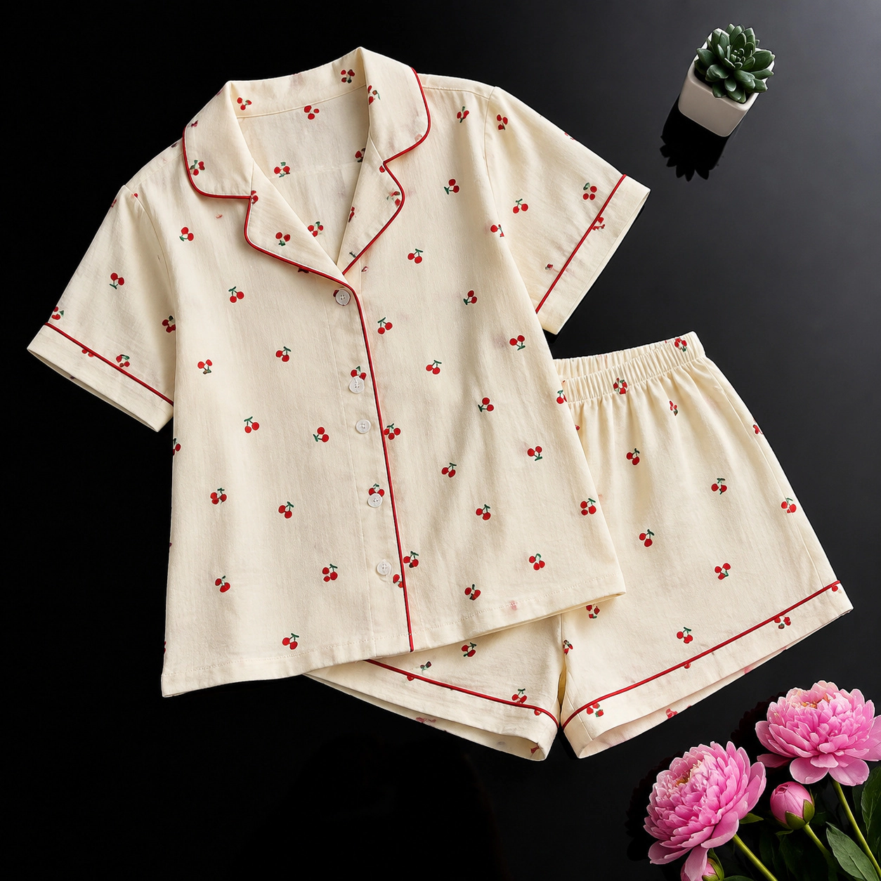 WZK Womens 2-Piece Soft Stretch Lapel Short Sleeve Print Bow Pajama Lounge Set
