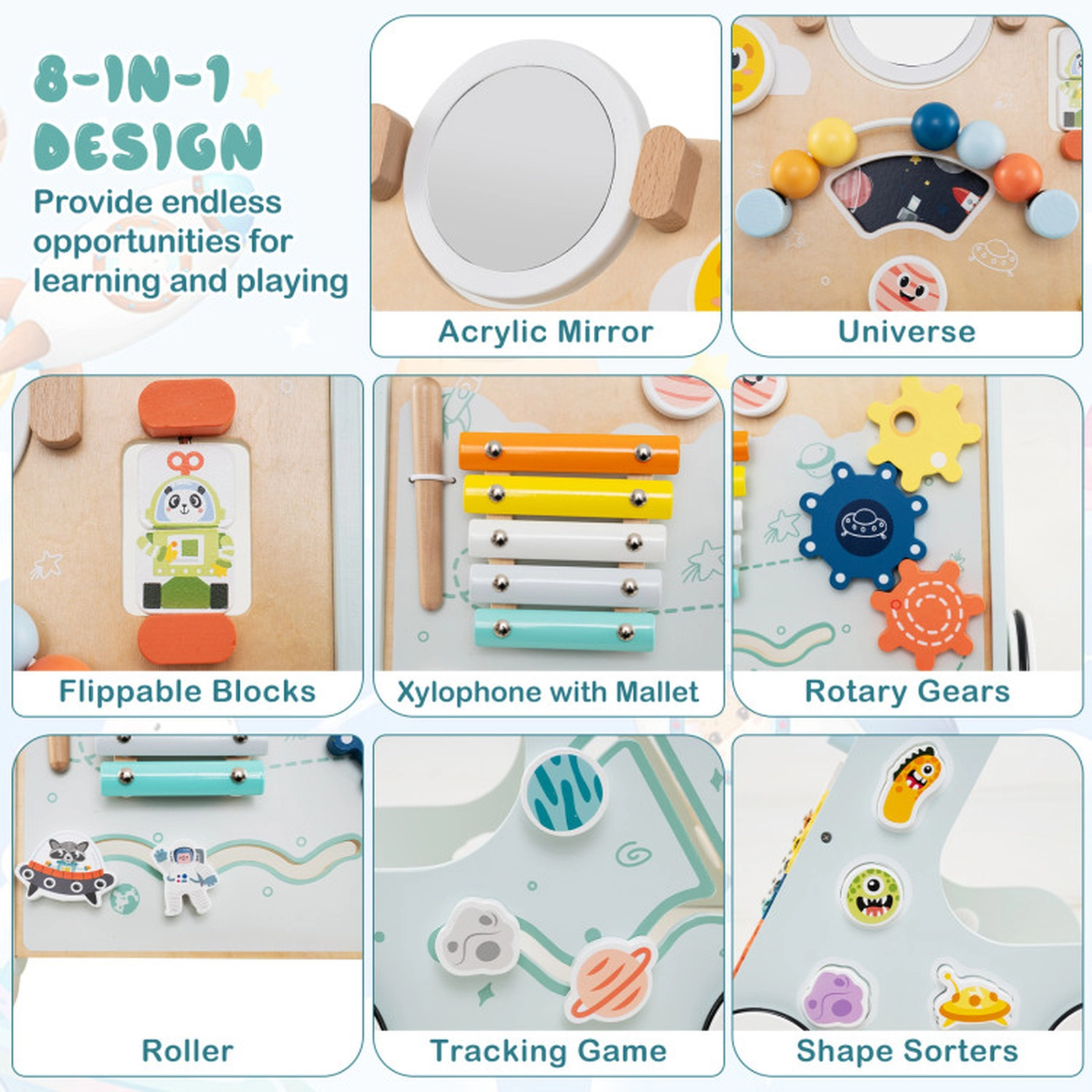 SUGIFT 8-in-1 Wooden Baby Walker Push and Pull Learning Activity Center with Wheels 5-lb Frame Ages 1+ Years Green/Blue