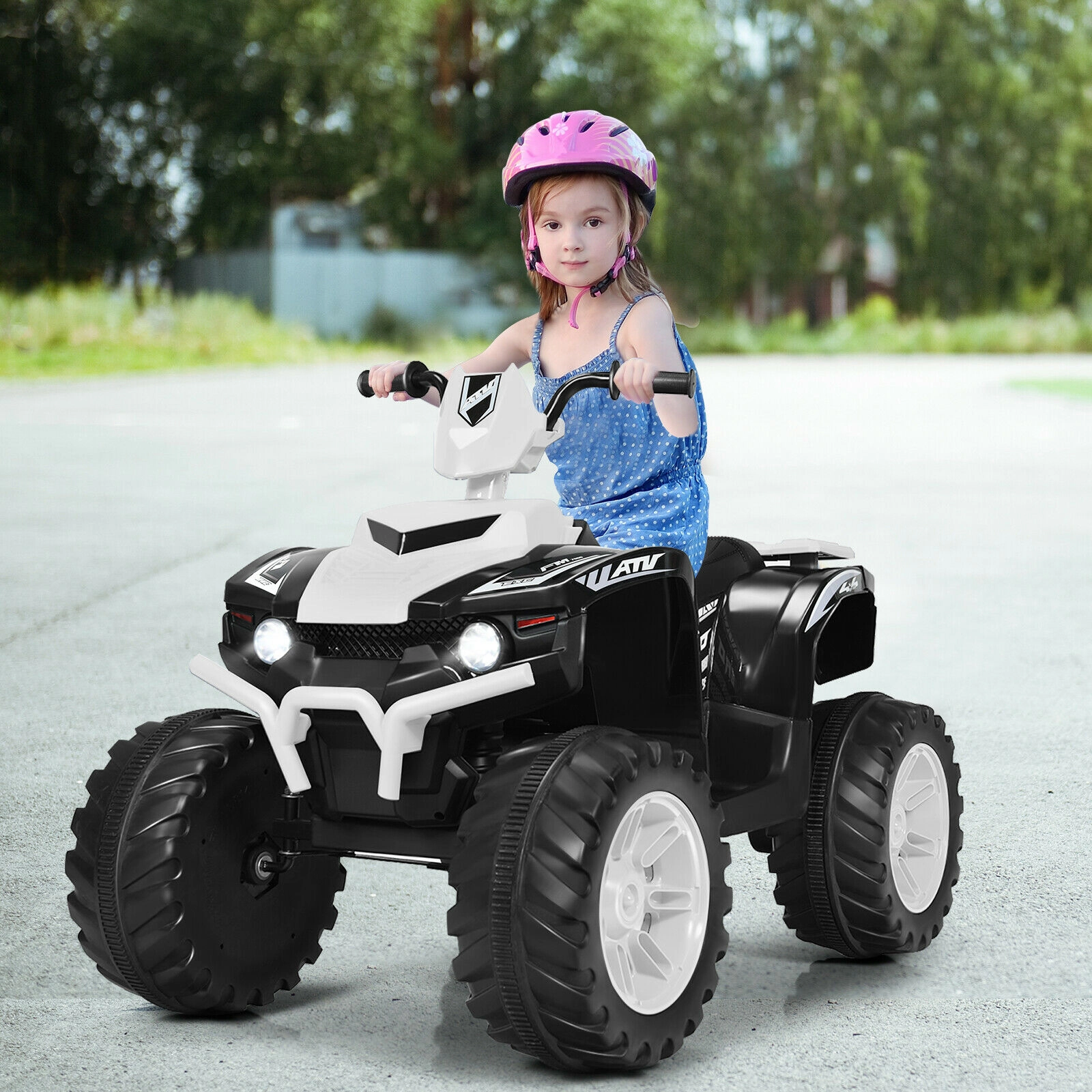 12V Kids ATV 4 Wheeler Quad Ride On Car Treaded Tires LED Headlights High and Low Speed and USB Music Ages 3-7 White