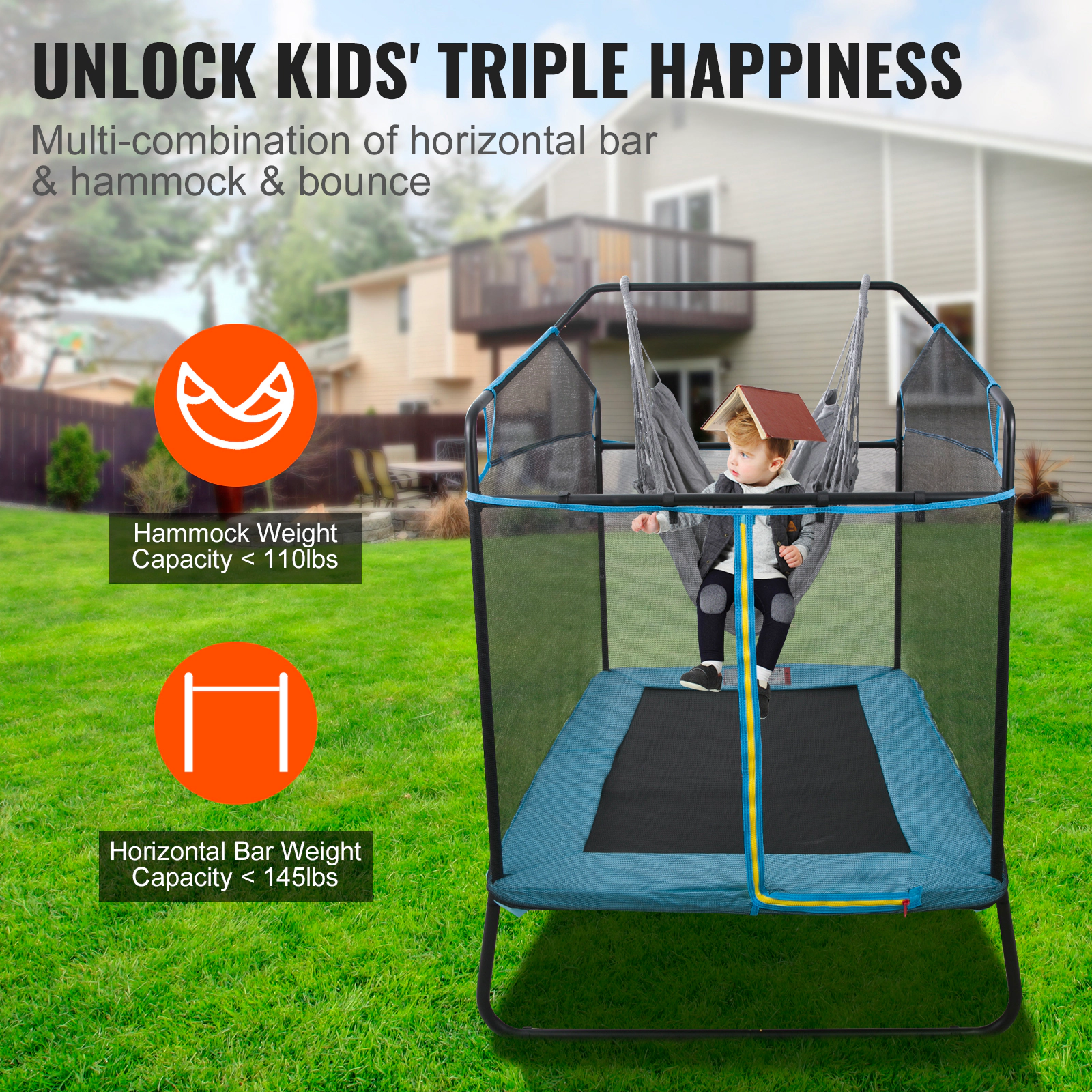 HONGGE 6FT Kids Trampoline with Safety Enclosure Net, Gymnastics Bar & Hammock, 220 lbs Capacity