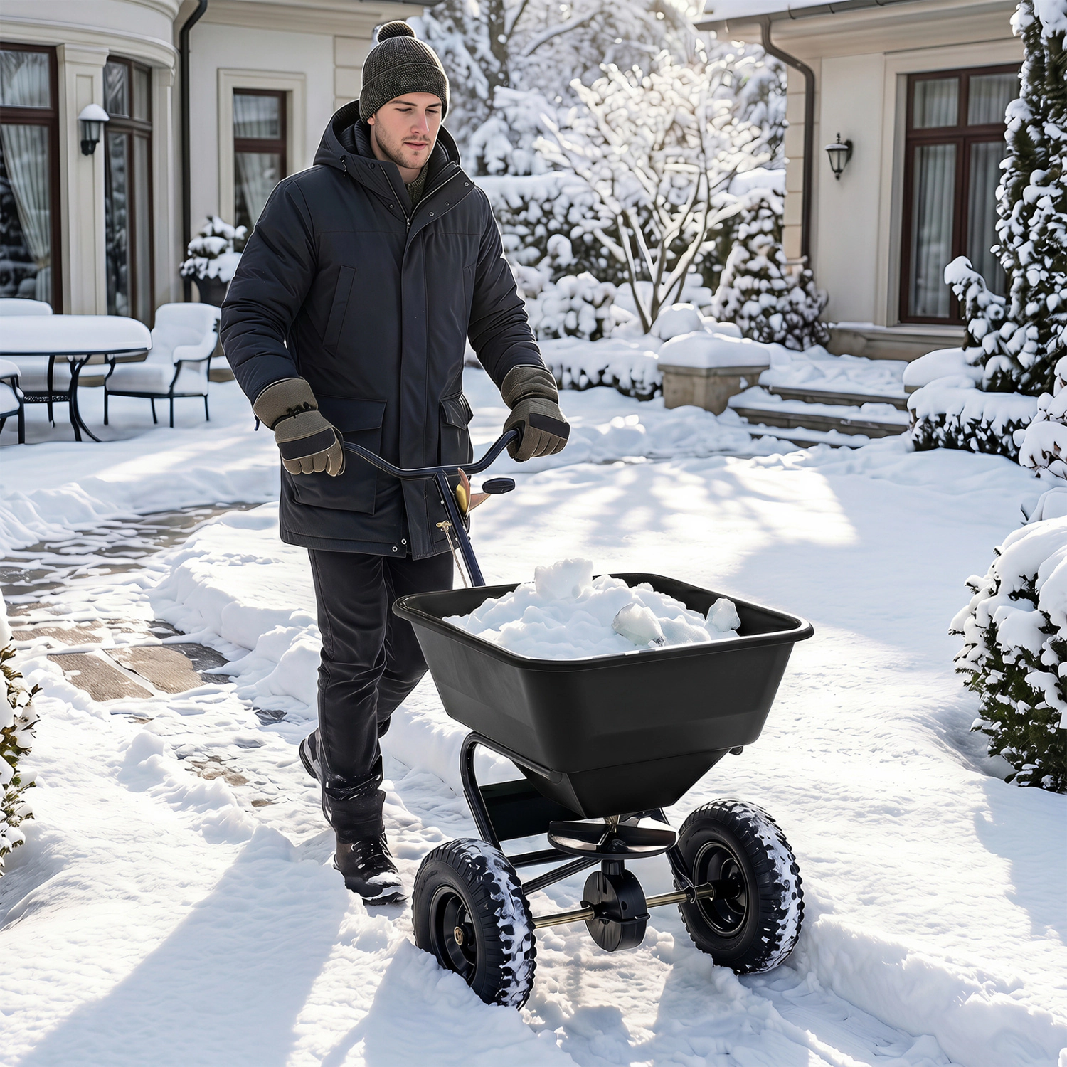LJG 66 LBS Walk-Behind Broadcast Spreader with 13 Inch All-Terrain Tires