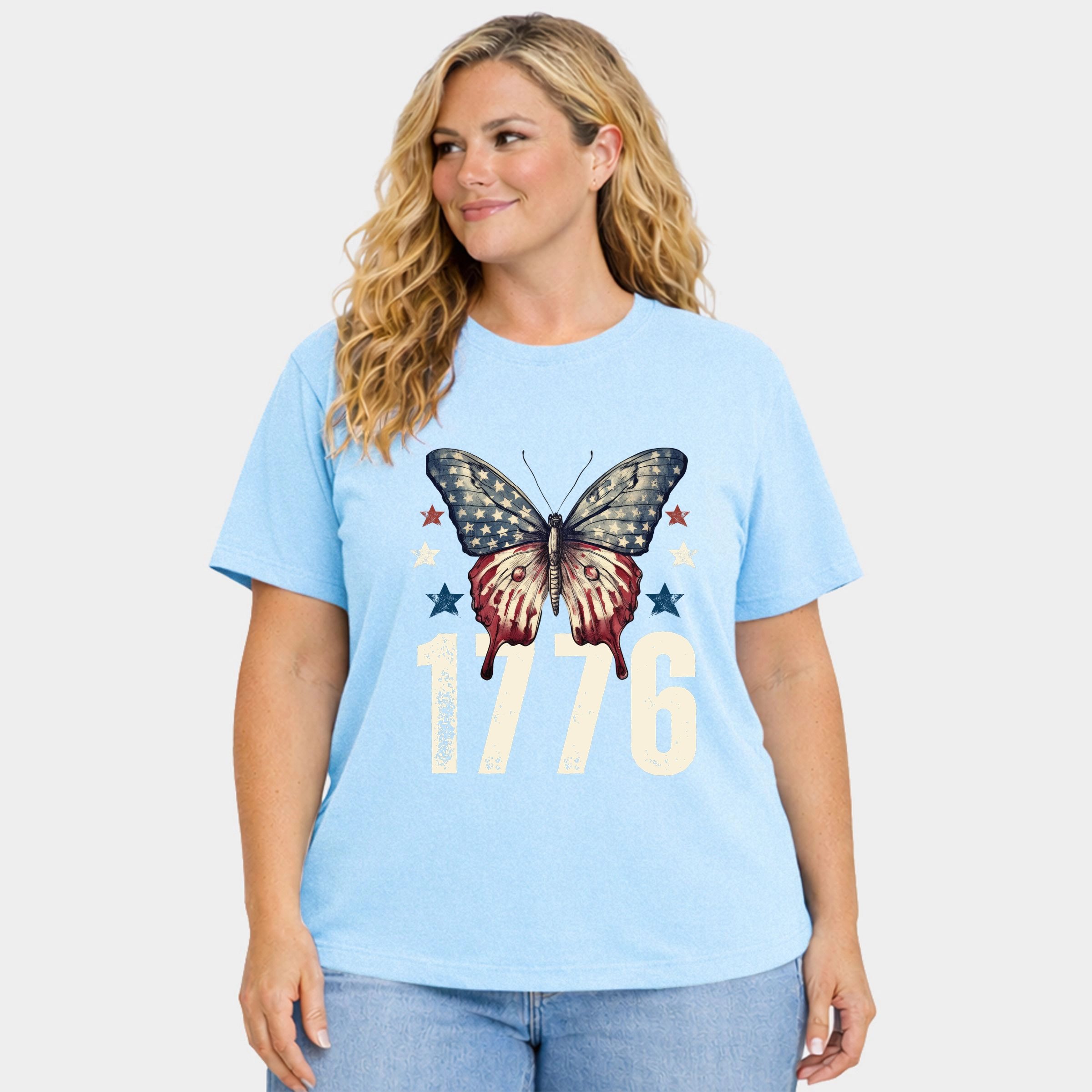 Simply Sage Market - 1776 Butterfly Patriotic Women's Plus Sized Garment Dyed Graphic T-Shirt