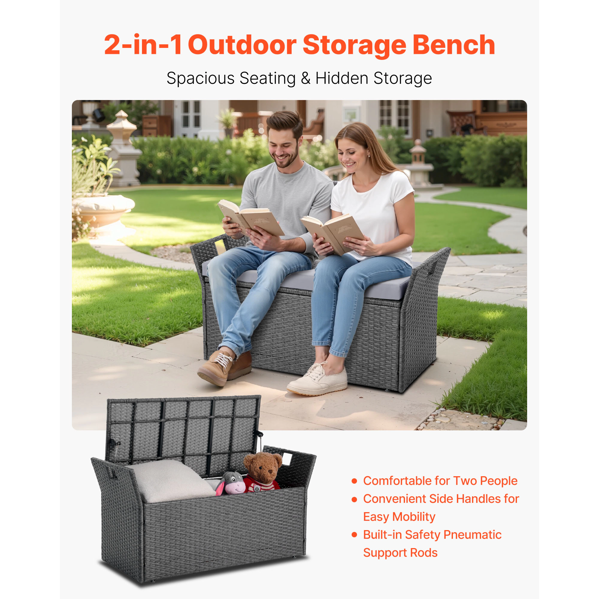 HONGGE Outdoor Storage Bench 2-Person PE Rattan Storage Bench Deck Box with Cushion Supports Weatherproof Outdoor