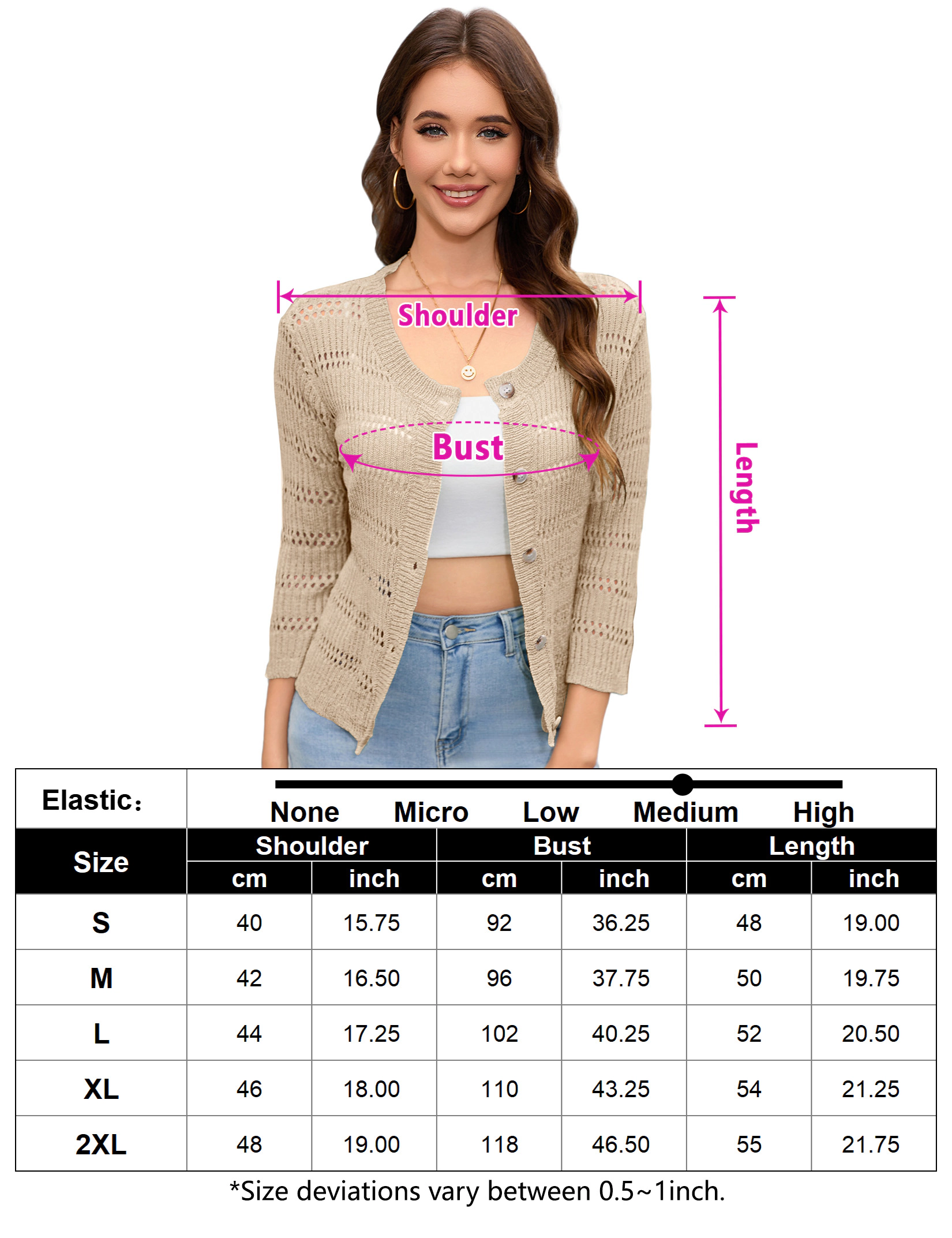 KOJOOIN Women's 3/4 Sleeve Cropped Hollow Knitted Cardigan Button Front Shrug Sweaters