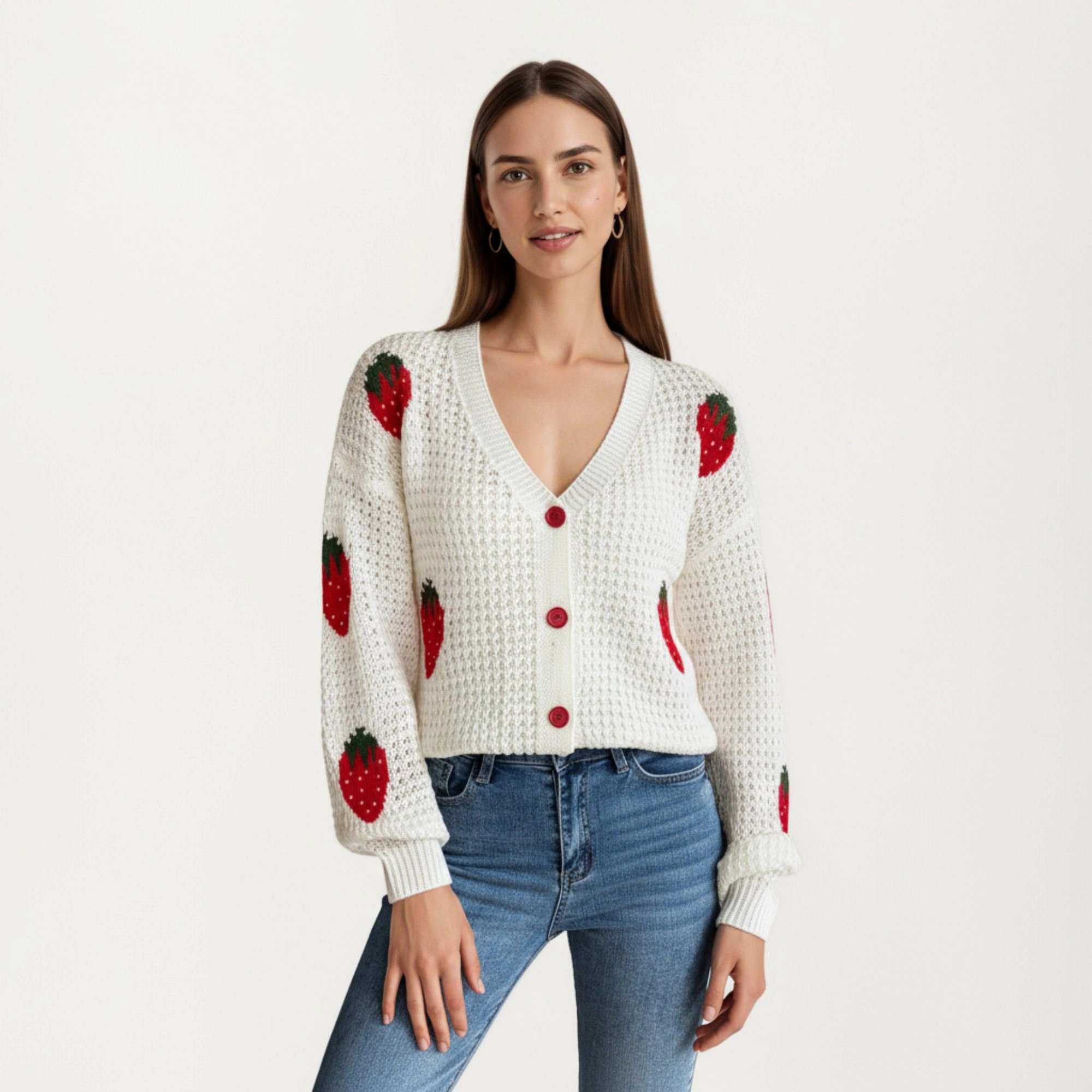 Anna-Kaci Women's Long Sleeve Strawberry Knit Button-Up Cardigan with V-Neckline
