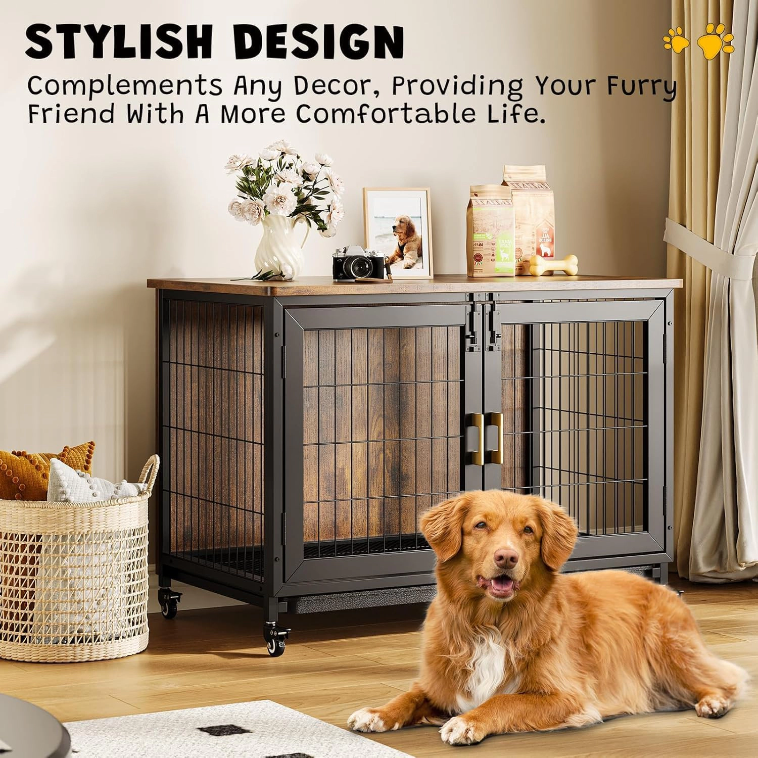 37.5 Inch Ironwood Dog Crate, Indoor Pet Kennel with Lockable Wheels & Removable Tray
