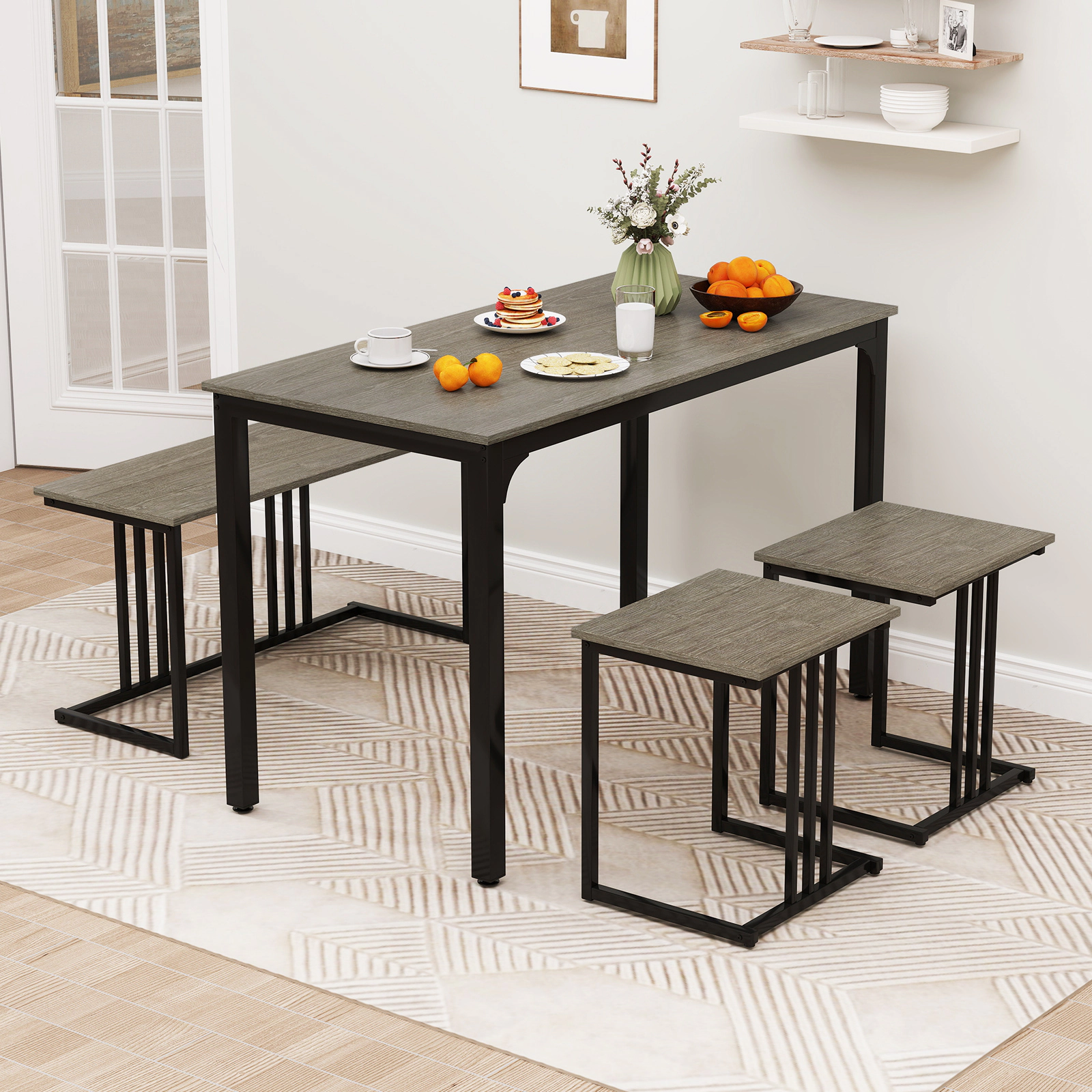 LJG 4 Pieces Space-Saving Dining Table Set with Bench and 2 Stools