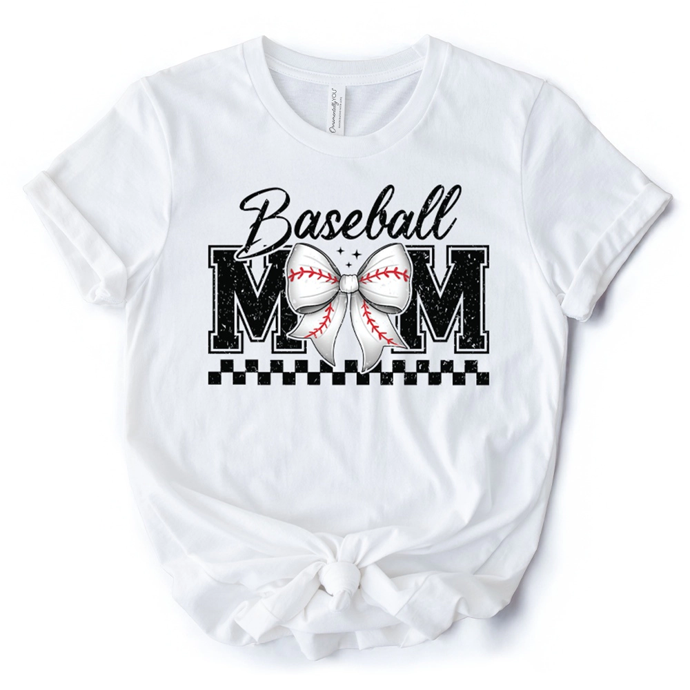 OrnamentallyYou Womens Baseball Mom Coquette Bow Retro T-Shirt