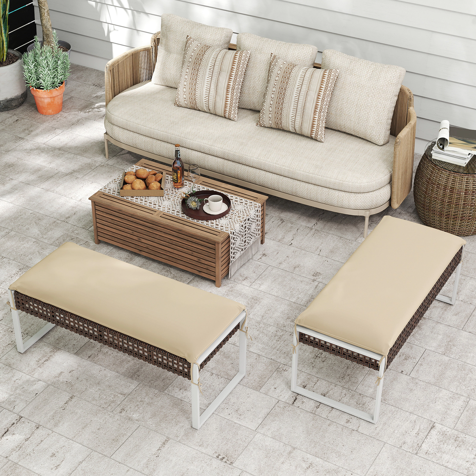 LJG 43 Inch Patio Rectangle Ottoman with Metal Legs and Seat Cushion