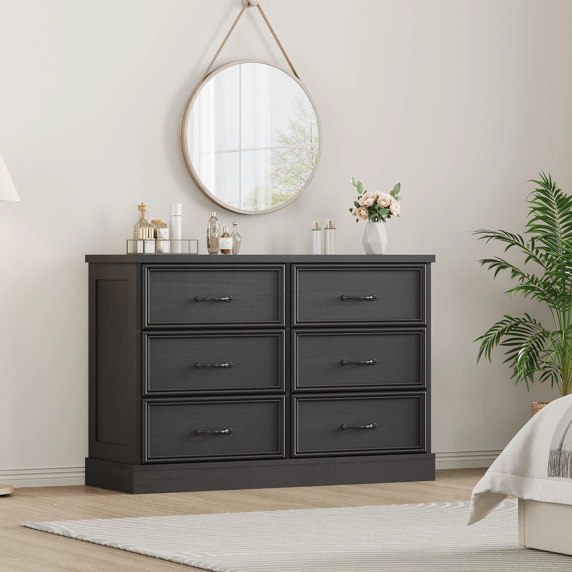 6 Drawer Wooden Dresser, 47" Wide Chest with Large Storage Drawers for Bedroom or Living Room