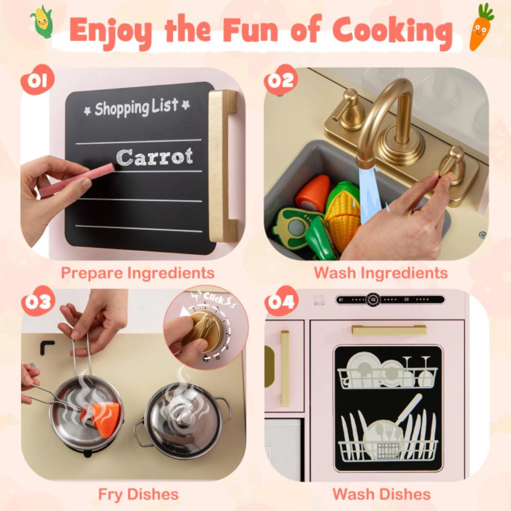 Hivvago Wooden Kids Kitchen Playset with Chalkboard Ice Maker Sink Lighted Microwave
