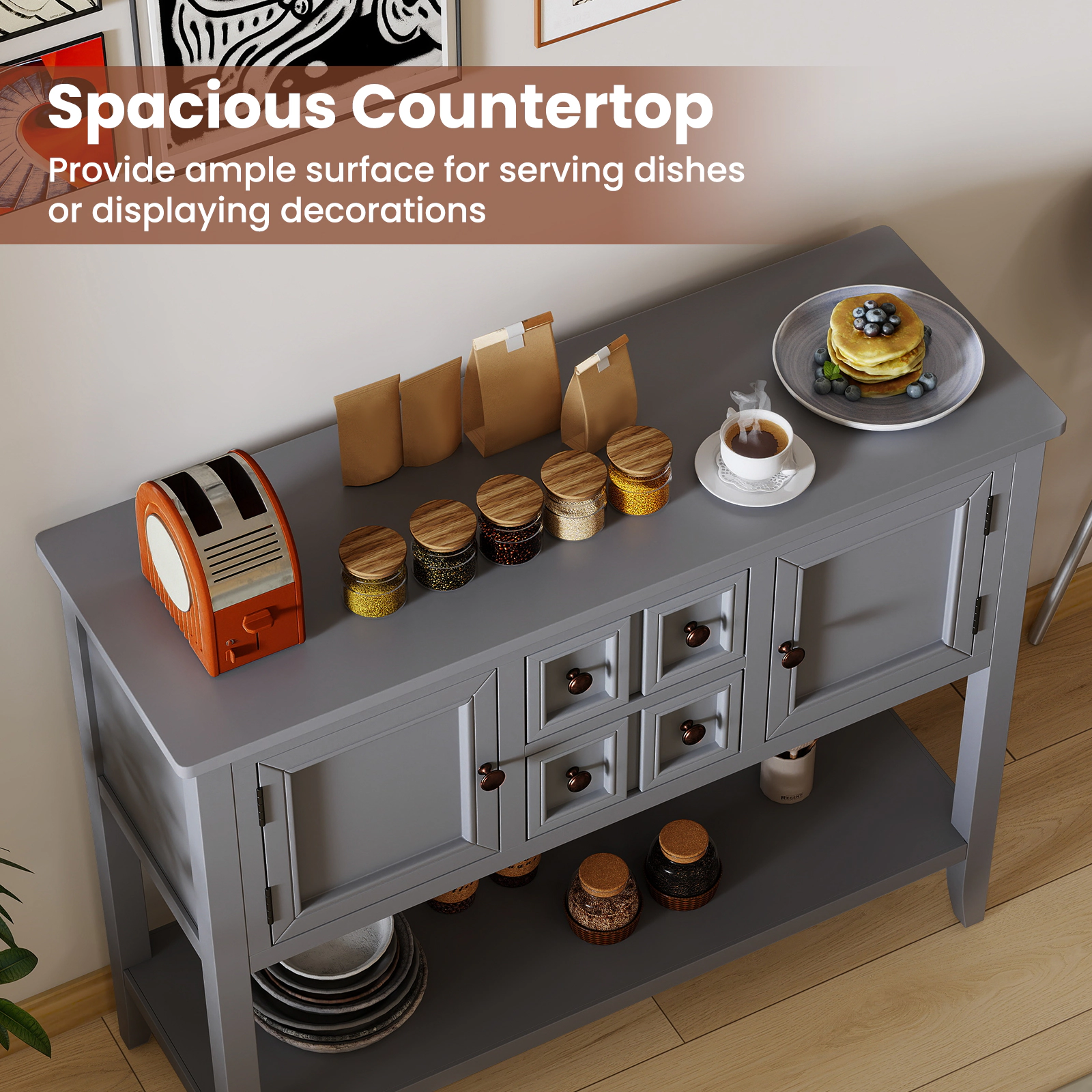Glintex 42-Inch Buffet Cabinet with Pine Legs and Open Bottom Shelf