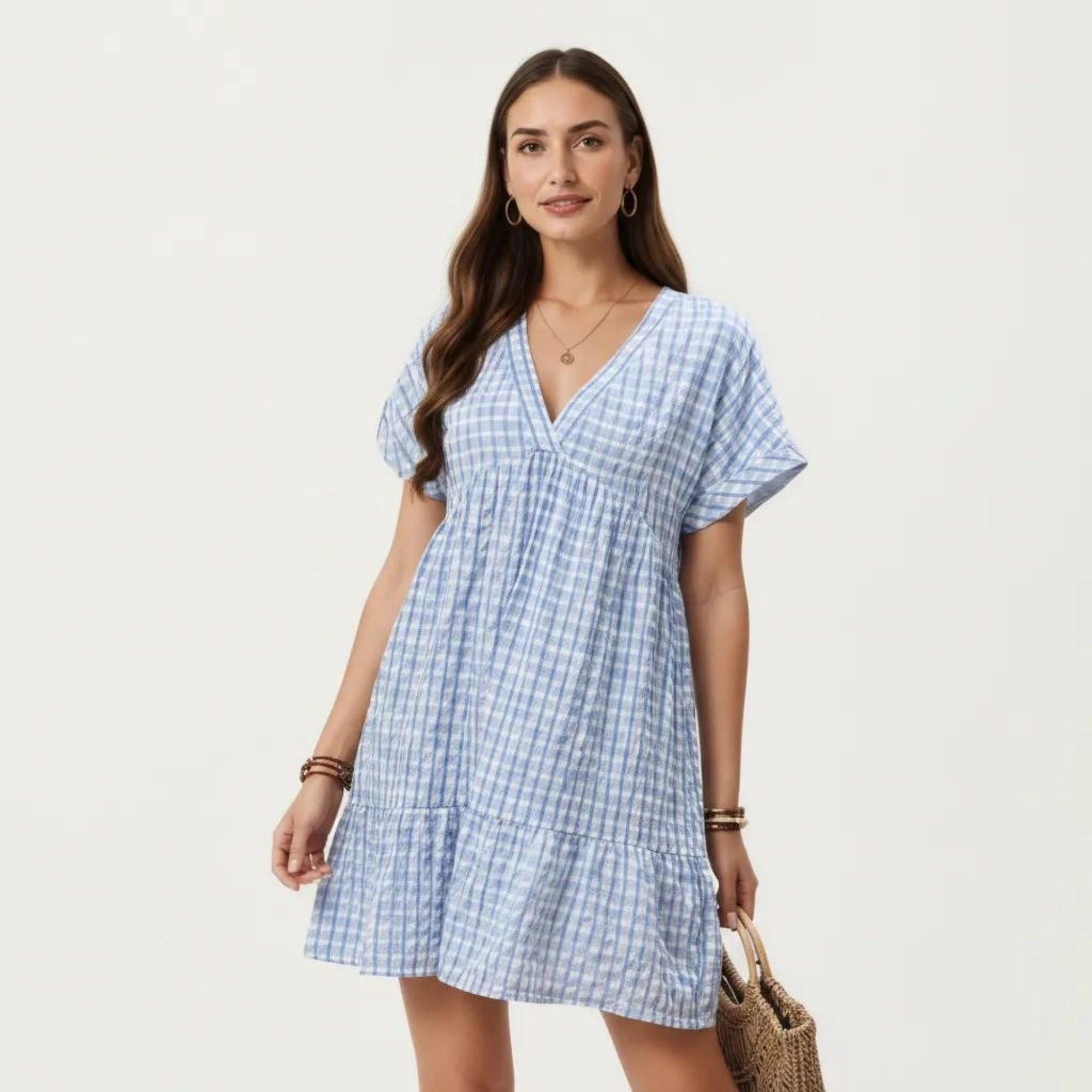 Anna-Kaci Women's Short Sleeve V Neck Plaid Tiered Hem Loose Fit Mini Dress